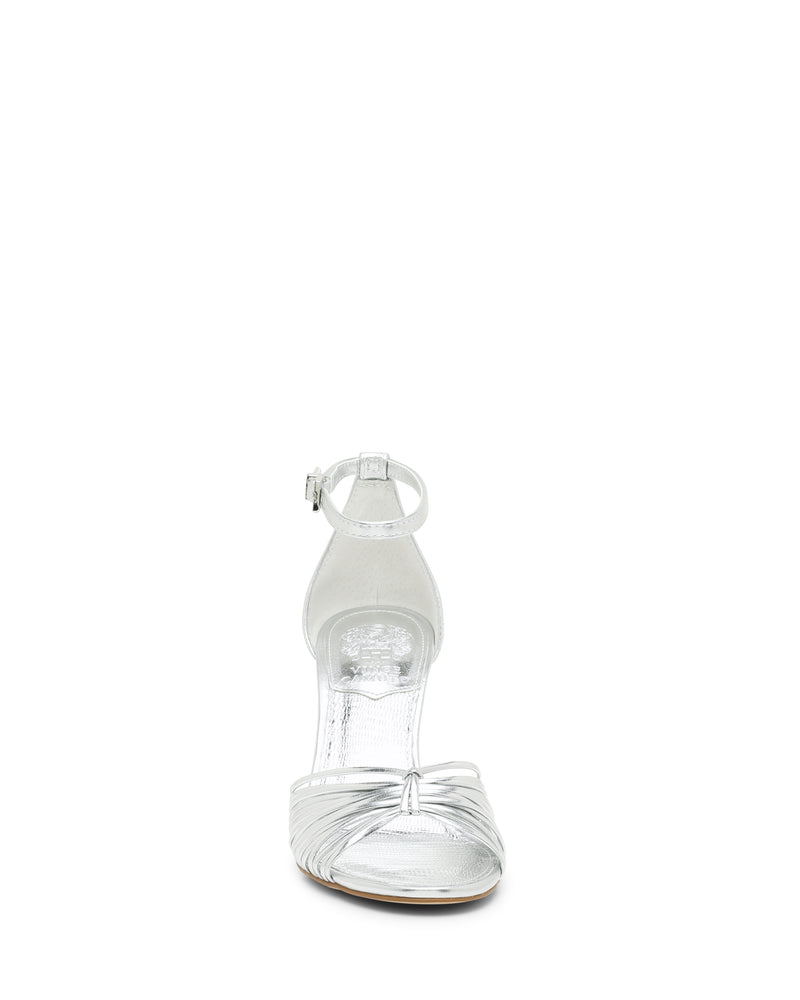 Silver Blaine Sandal featuring a tall heel, ankle strap, and gathered toe strap.