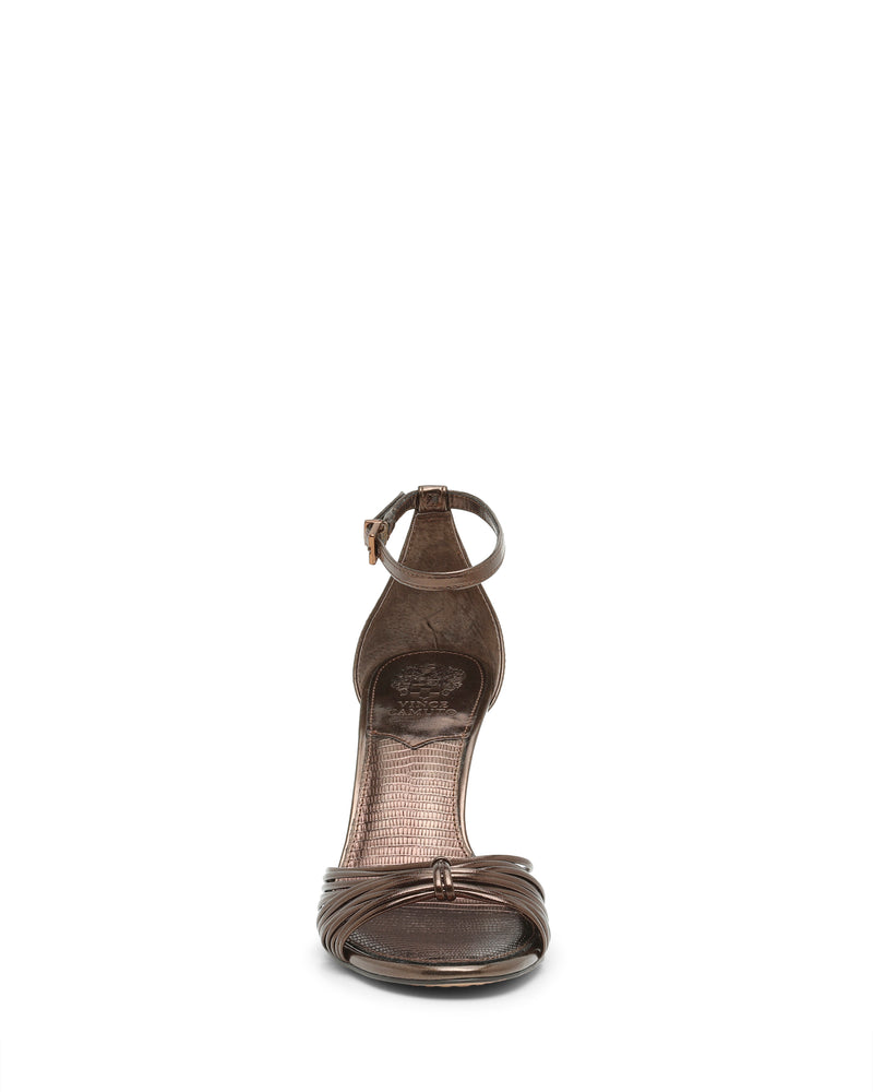 Vince Camuto Blaine Sandal in metallic bronze, featuring a reptile-embossed footbed, a wrapped toe strap, and a skinny ankle strap.