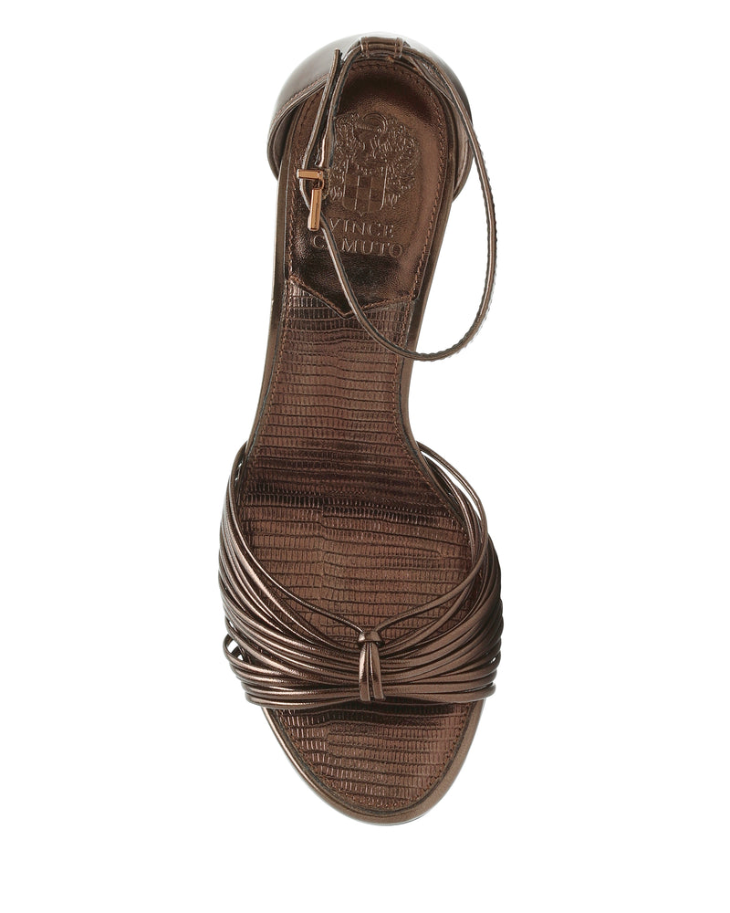Bronze-colored Vince Camuto Blaine Sandal featuring a tall heel, multiple thin straps across the toe, and a skinny ankle strap with a buckle.