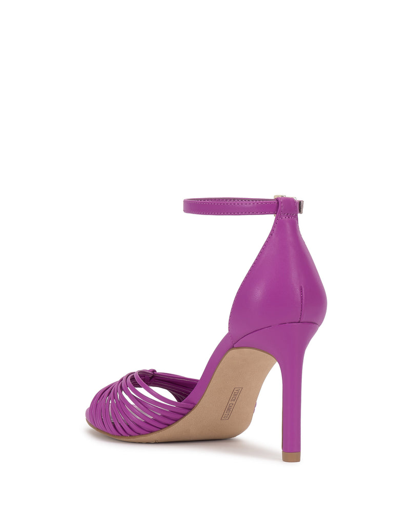 The Vince Camuto Blaine Sandal is a purple high heel with a closed heel, skinny ankle strap, multiple thin front straps, a tall stiletto heel, and back zipper.