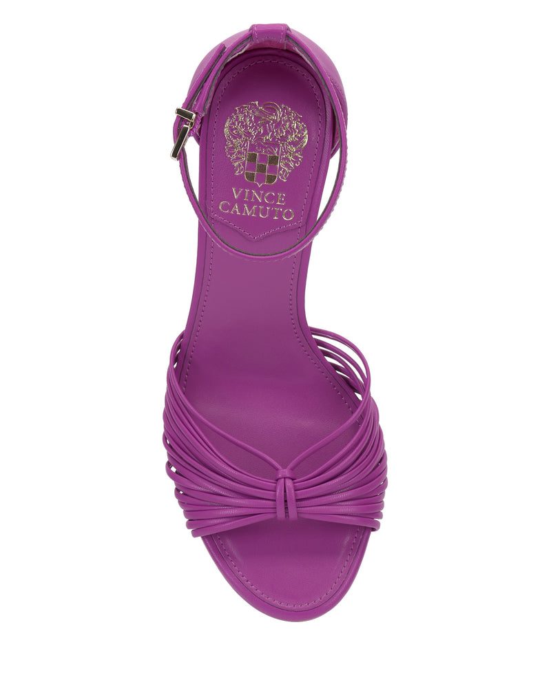 A top view of the Vince Camuto Blaine Sandal shows a bright purple reptile-embossed strappy design with a skinny ankle strap, gold logo on the insole, and chic buckle detail.