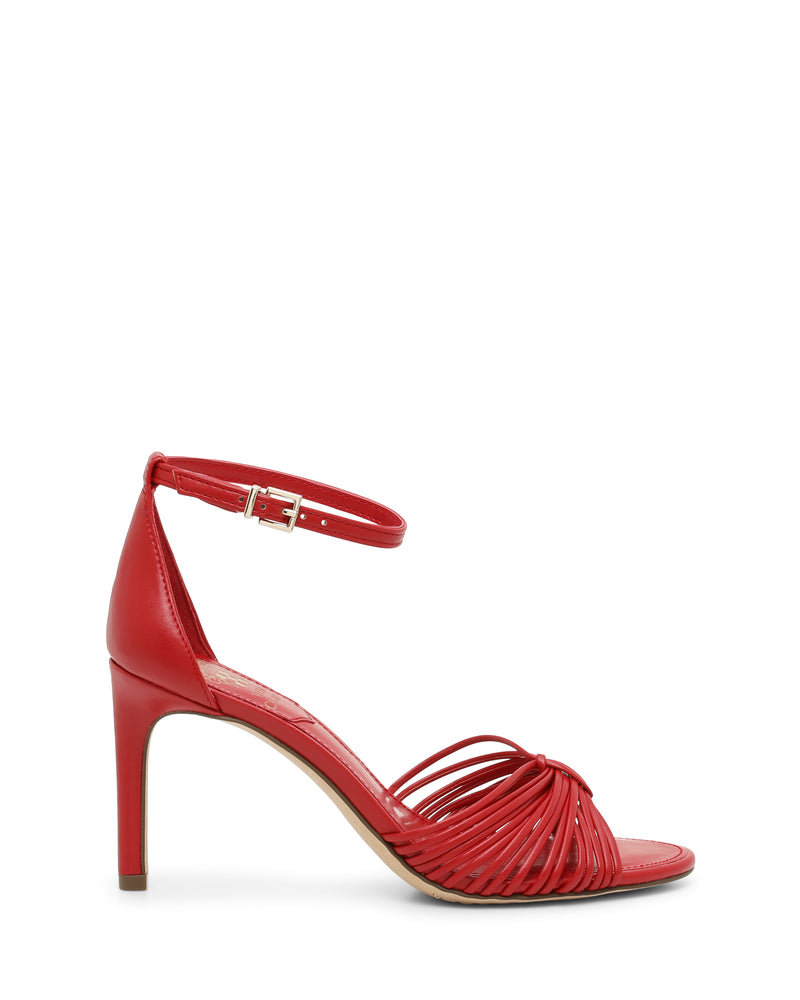 Red reptile-embossed Blaine Sandal stiletto with a skinny ankle strap and multiple gathered straps across the toe.
