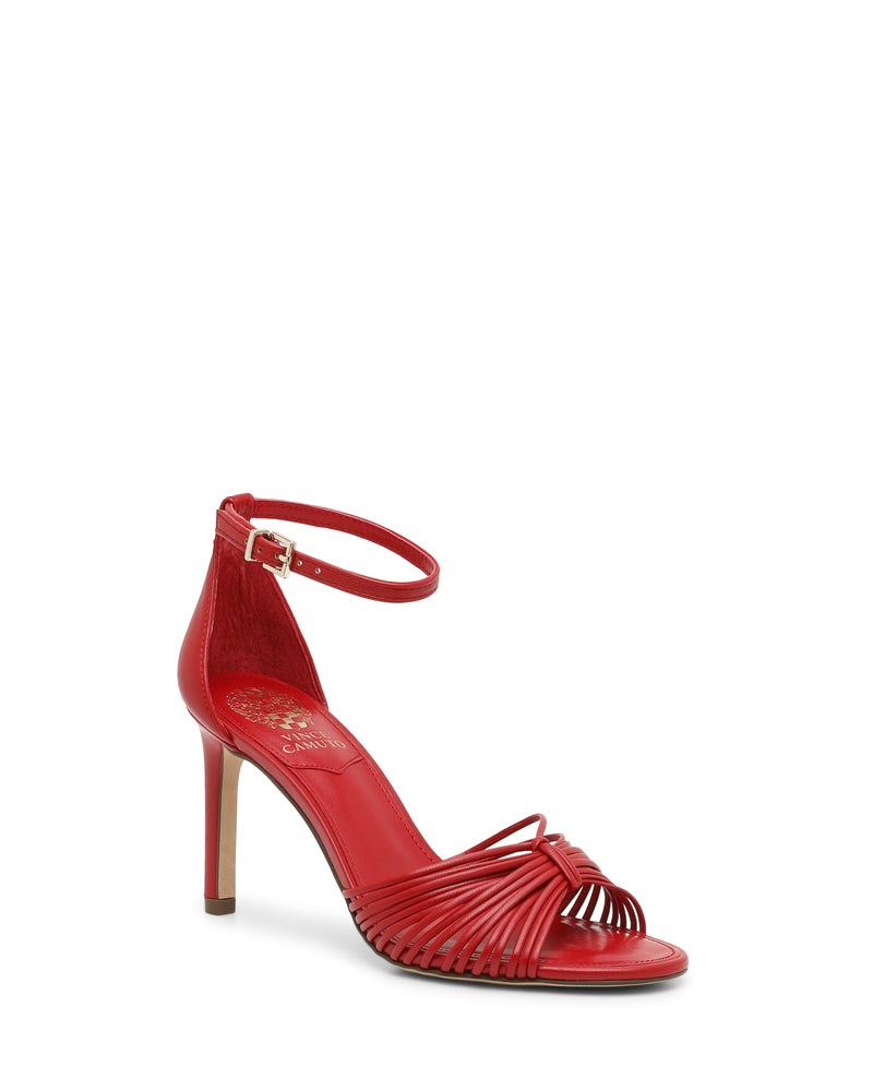 Vince Camuto Blaine Sandal in red, featuring a reptile-embossed design, a high-heeled silhouette, a knotted strappy toe, and a skinny ankle strap with a buckle closure.