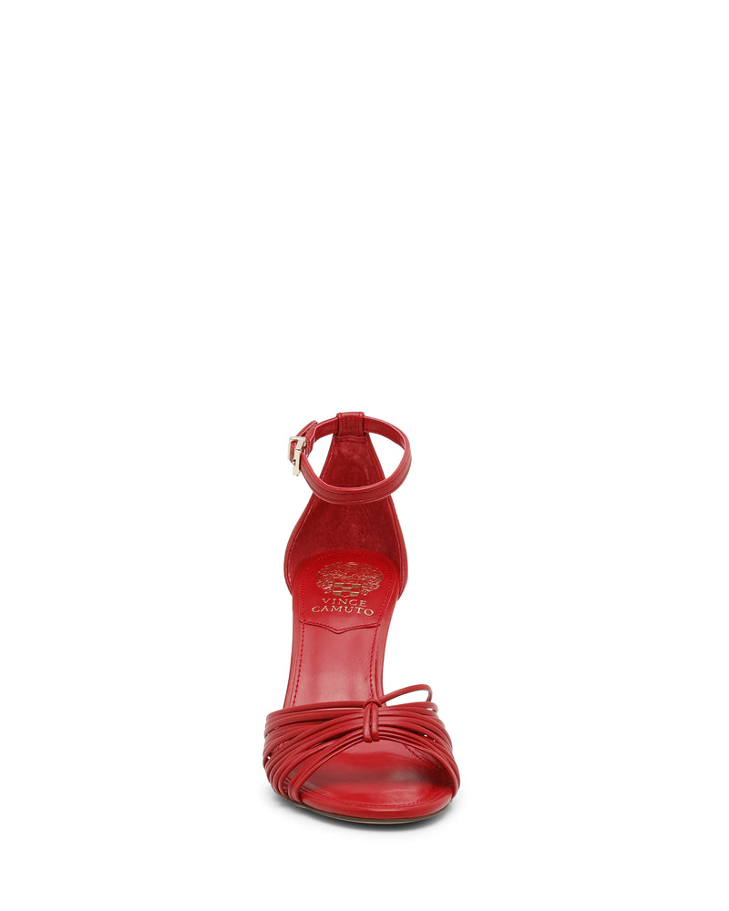 Vince Camuto Blaine Sandal in red, featuring a reptile-embossed stiletto heel, multi-strap knotted toe detail, and a skinny ankle strap with a buckle closure.