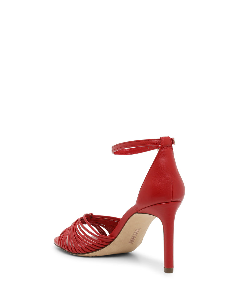 Red Vince Camuto Blaine Sandal with a tall heel, featuring a thin ankle strap and multiple slim straps across the open-toe design.