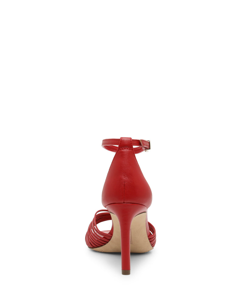 Back view of a red reptile-embossed Blaine Sandal by Vince Camuto, featuring a strappy high-heel design with a skinny ankle strap.