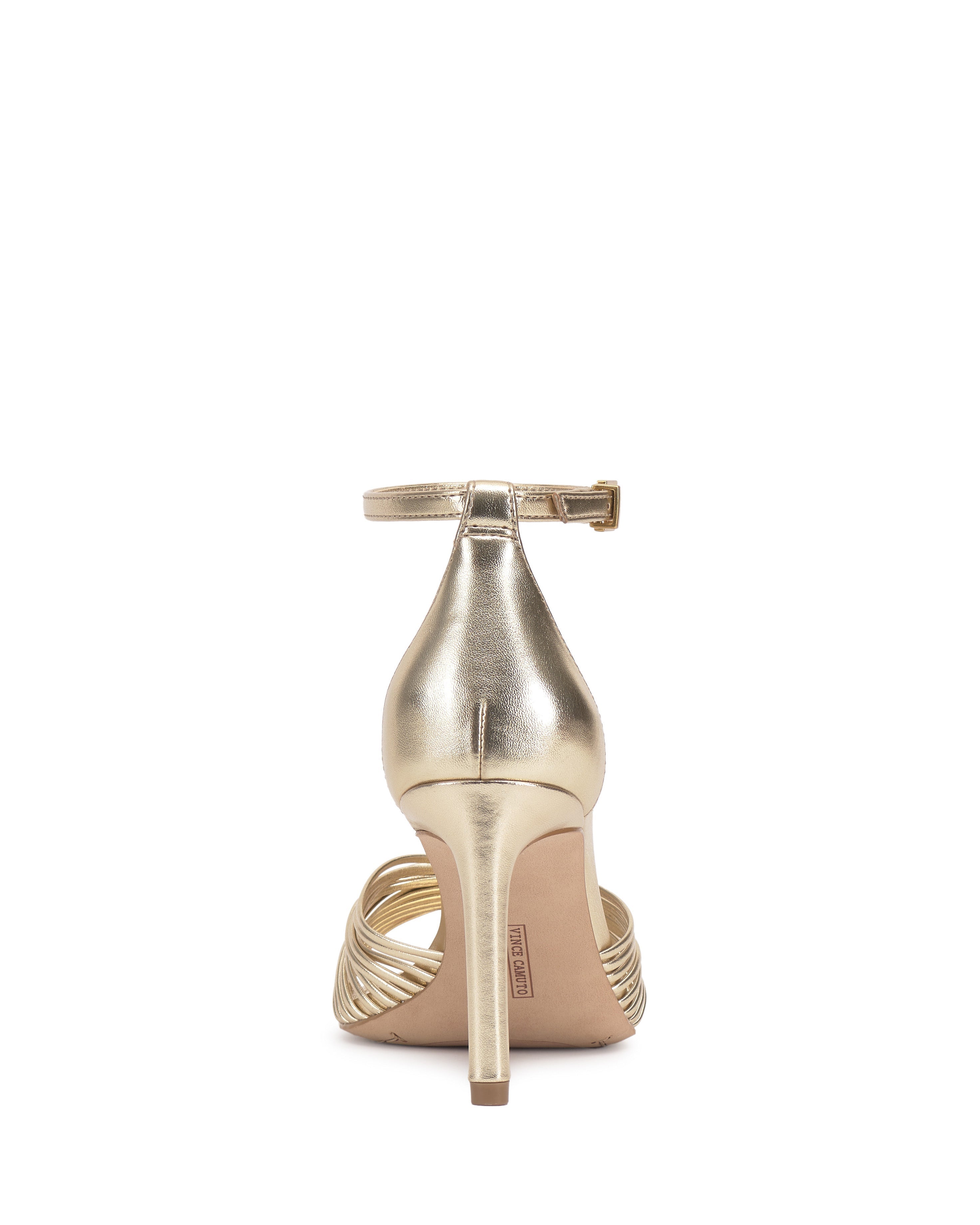 Back view of the Vince Camuto Blaine Sandal in gold reptile emboss, featuring a tall heel, closed back, ankle strap, and woven toe straps, displayed on a neutral background.