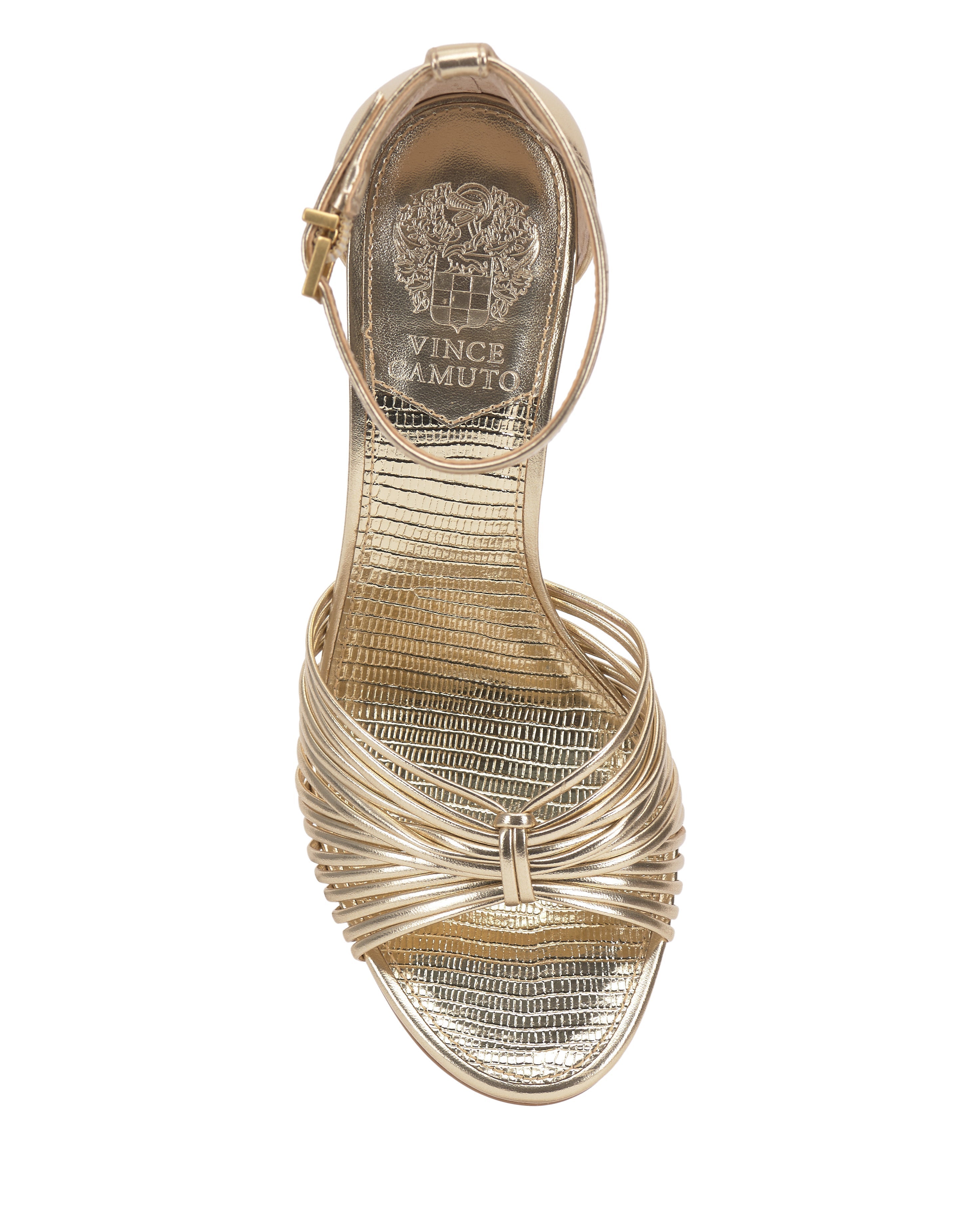 Top view of the Vince Camuto Blaine Sandal featuring a metallic gold crisscross ankle strap, reptile-embossed texture, tall heel, and branded insole.