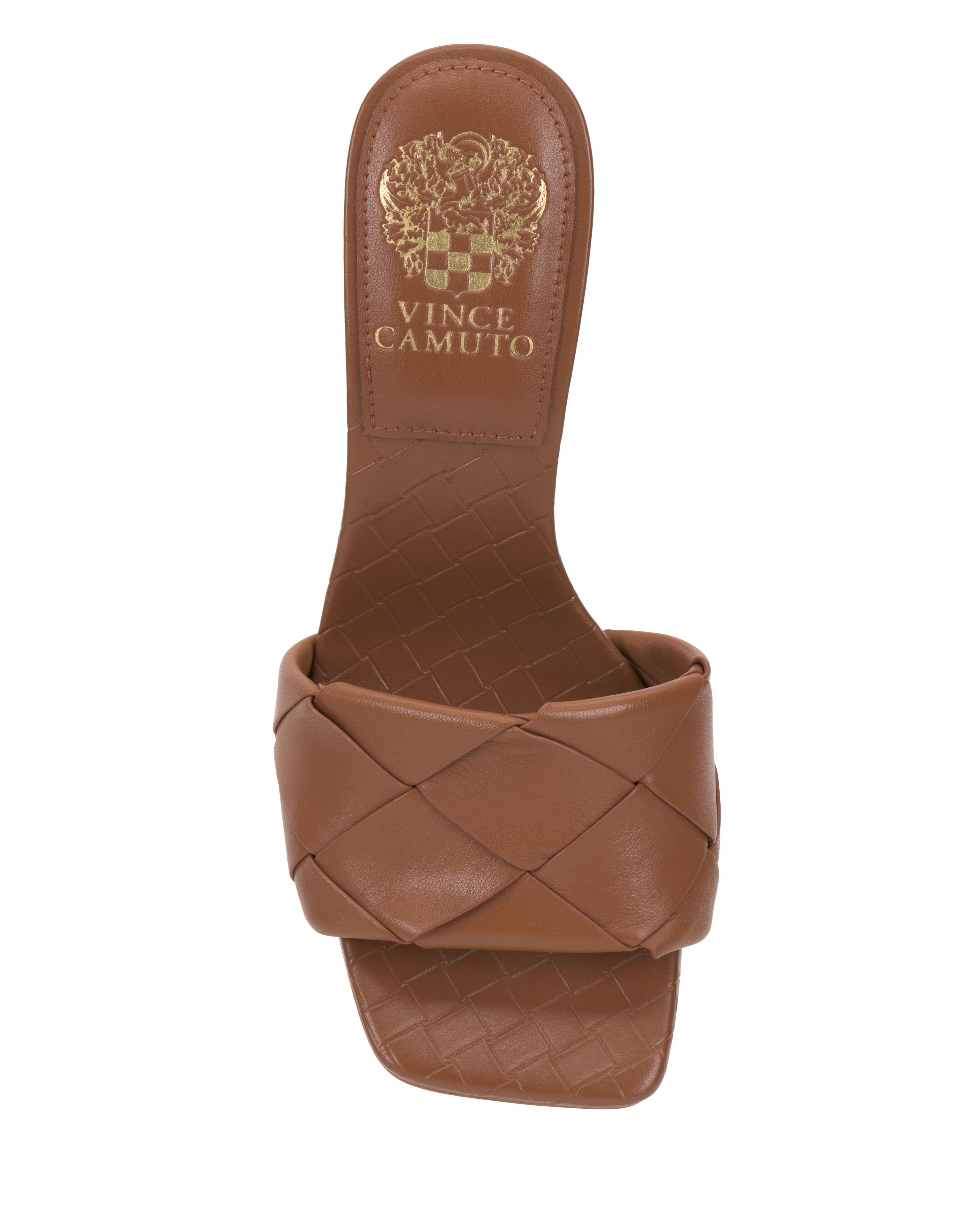A single Vince Camuto Brelanie Woven Mule sandal in brown, seen from above with a leather woven strap, square toe, and the brand's gold logo printed on the insole.