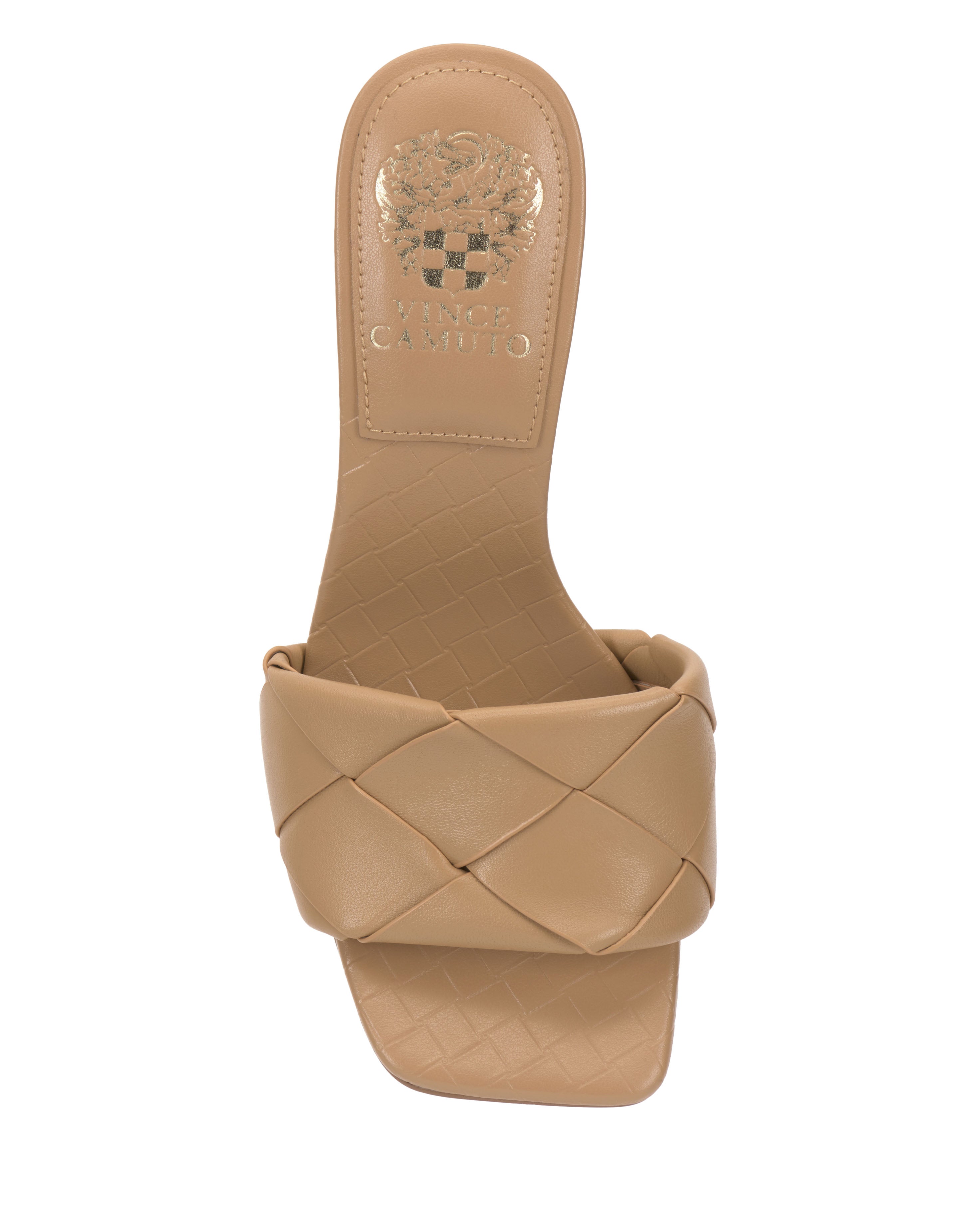 Top view of the Vince Camuto Brelanie Woven Mule featuring a tan square toe, quilted woven strap, and embossed Vince Camuto logo on the insole.