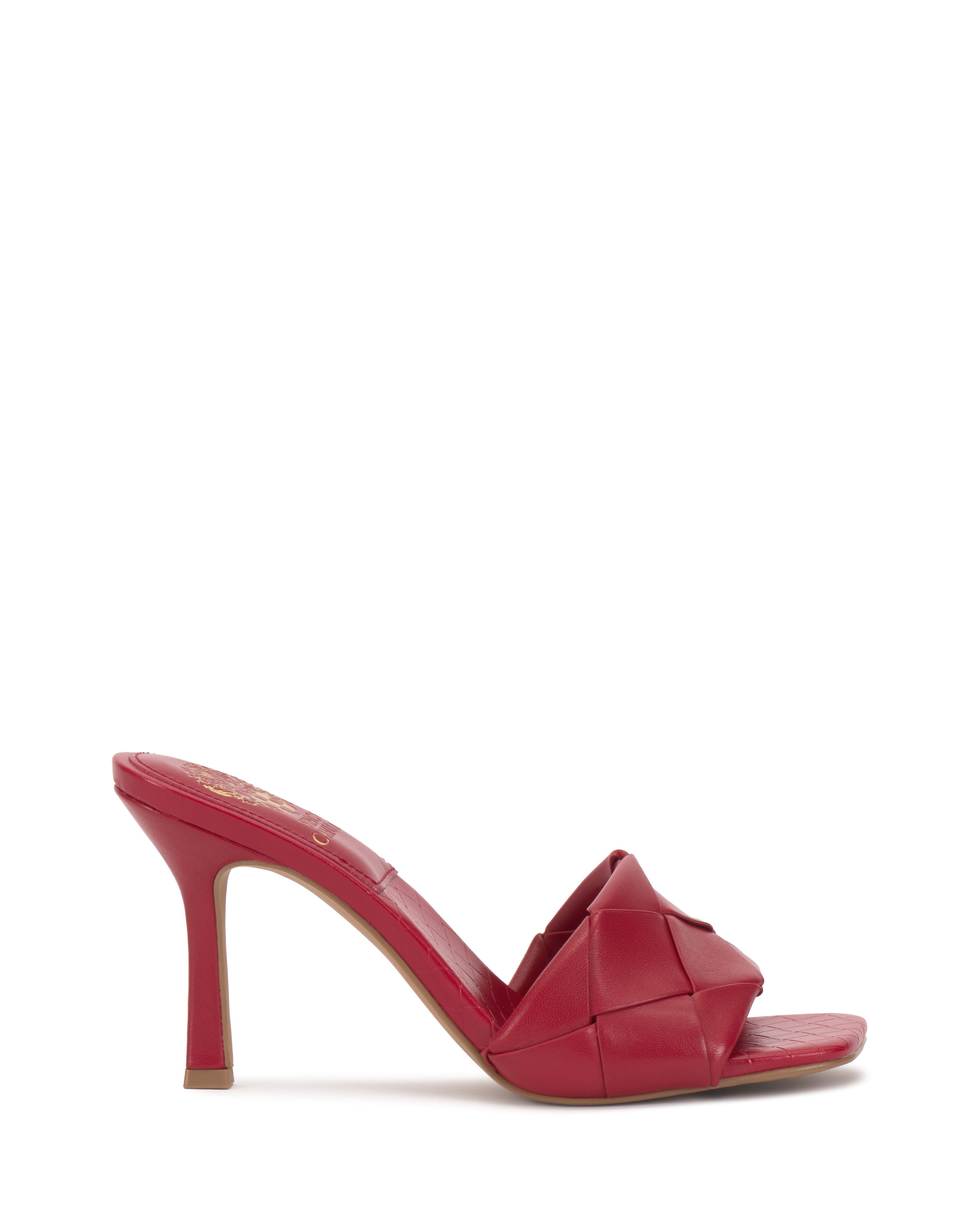 The Vince Camuto Brelanie Woven Mule is a red heeled sandal with a basketweave leather upper, open toe, and slim high heel, shown against a white background.