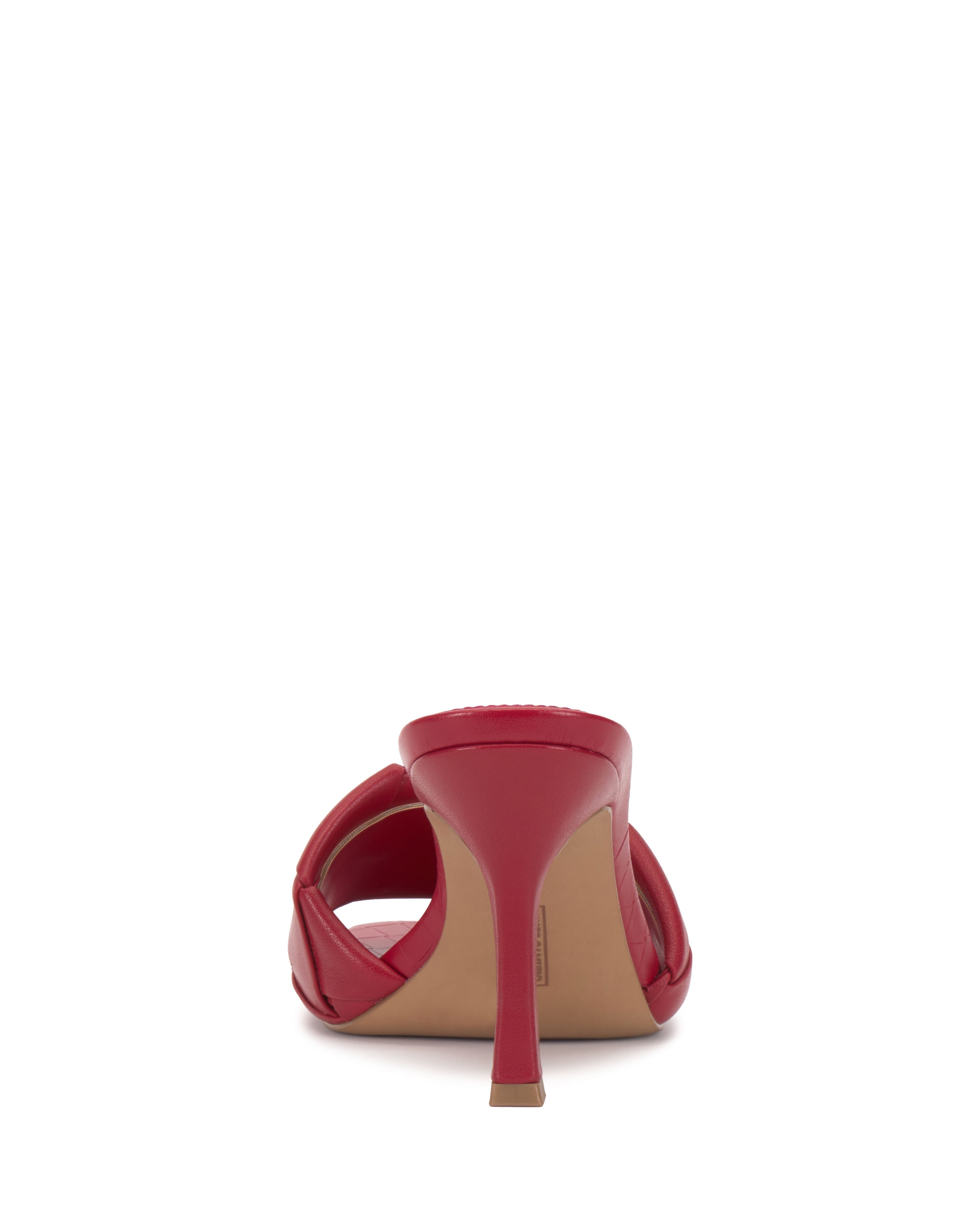 The Vince Camuto Brelanie Woven Mule is pictured from the back, showing its red color, slim high heel, open back, woven strap detail, padded footbed, and visible sole against a white background.