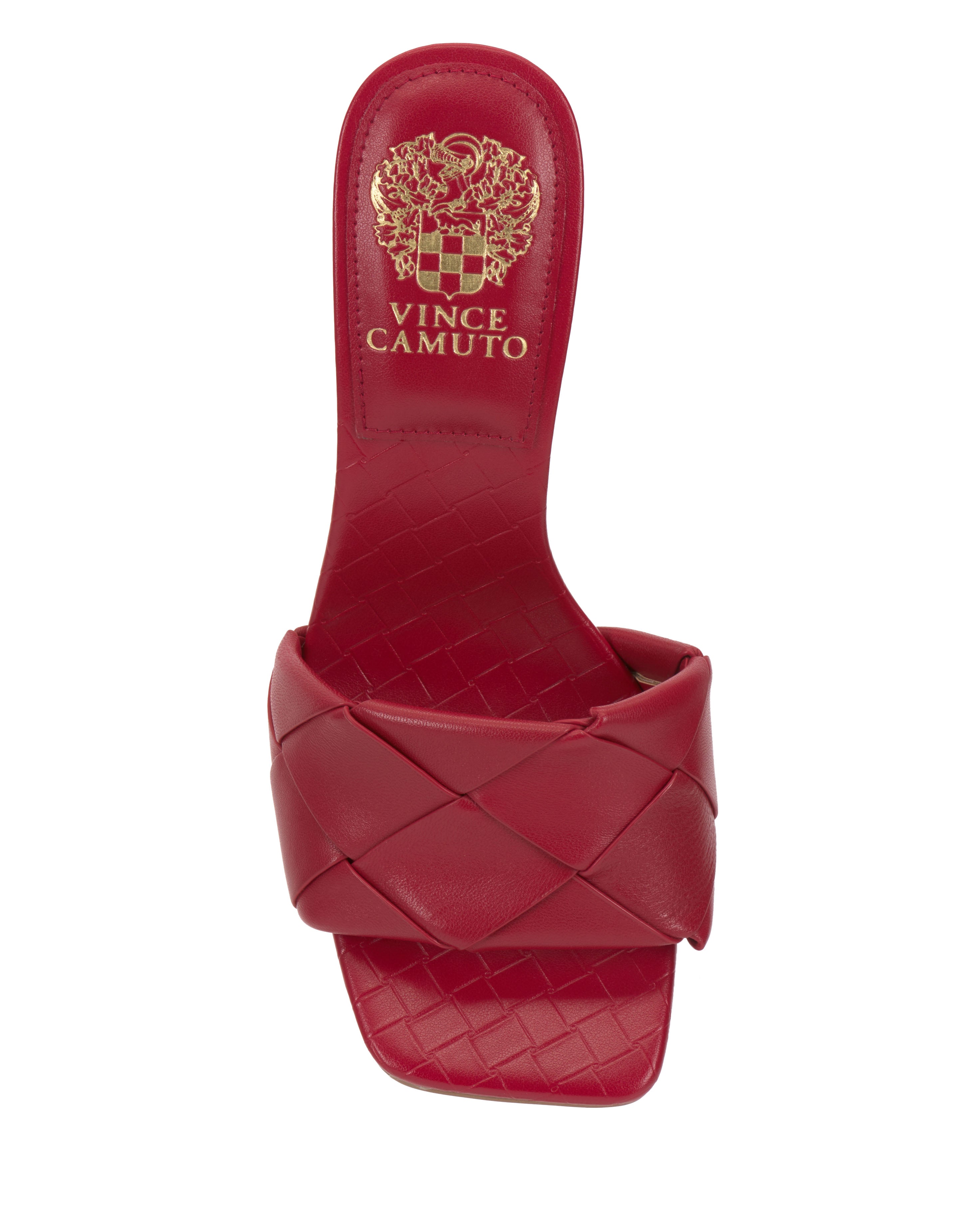 A red Vince Camuto Brelanie Woven Mule with basketweave leather strap, square toe, and gold logo and crest on the insole.