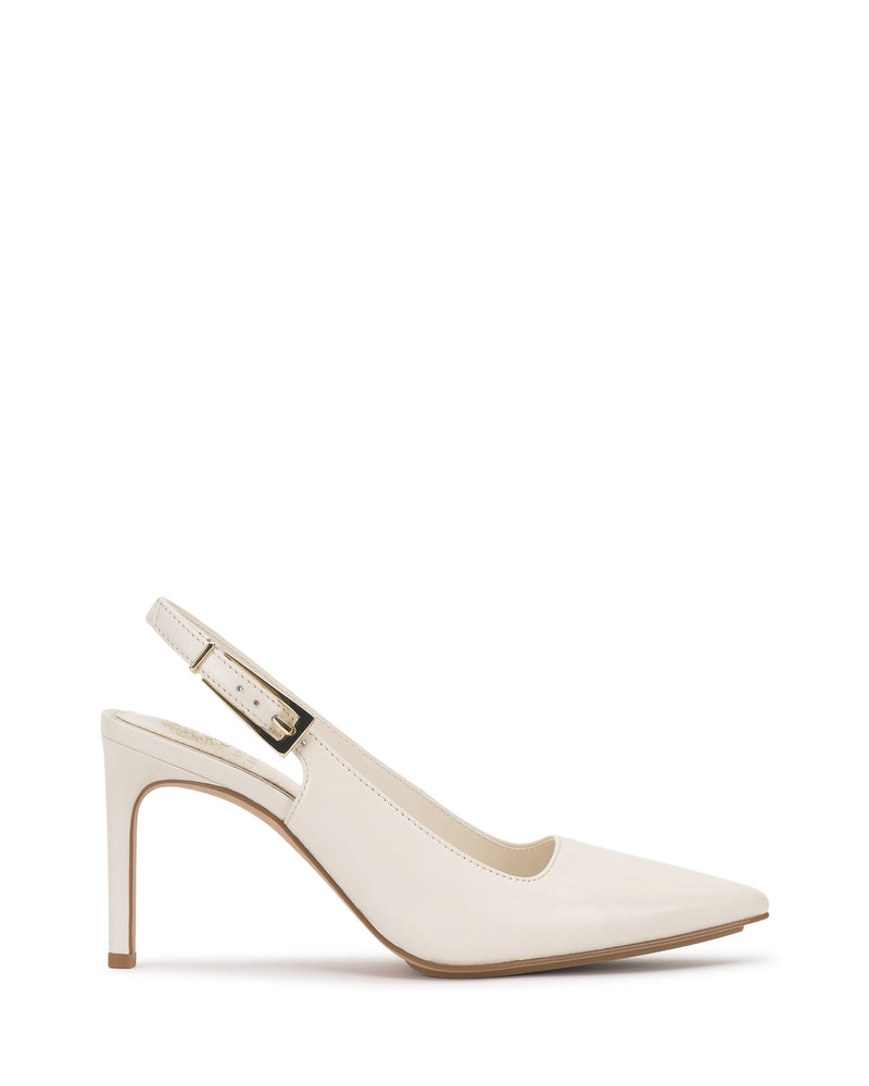 The Vince Camuto Brendie Pump is a white leather slingback with a pointed toe, medium stiletto heel, and adjustable ankle strap, shown on a plain white background.