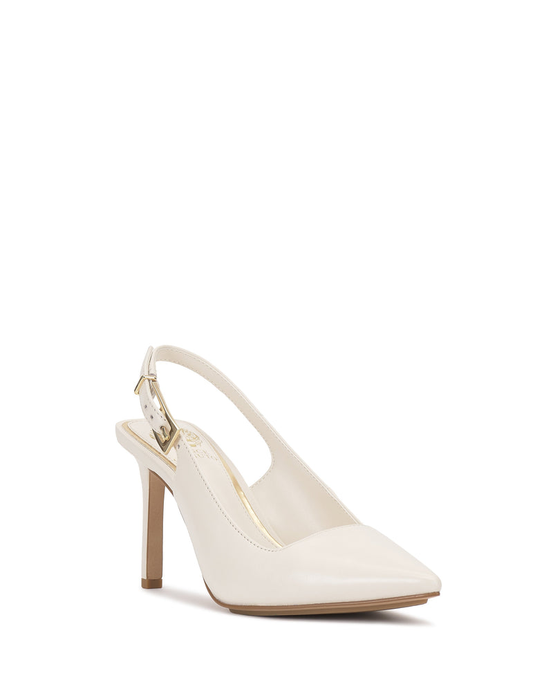 The Vince Camuto Brendie Pump, an off-white suede slingback with a pointed toe, thin ankle strap, and gold buckle, is shown on a white background.
