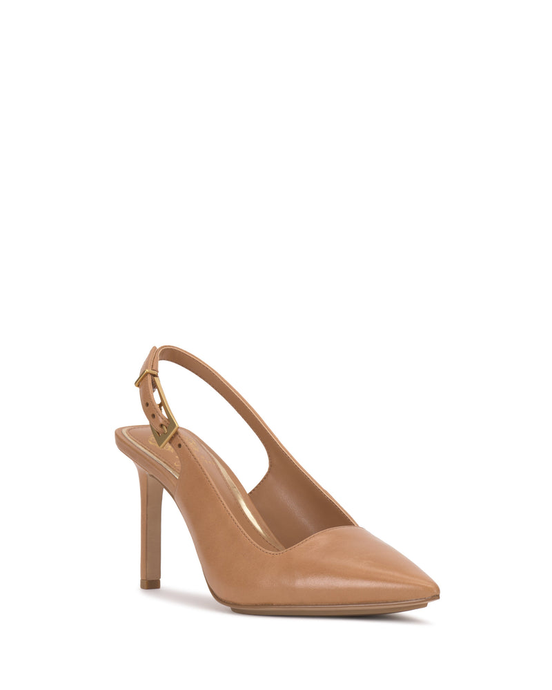 The Vince Camuto Brendie Pump is a tan suede high-heeled slingback with a pointed toe and gold buckle strap, displayed on a plain white background.