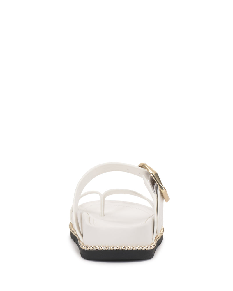 Back view of the Vince Camuto Camilo Slide in white with a black sole, side gold buckle strap, and decorative gold trim around the heel.