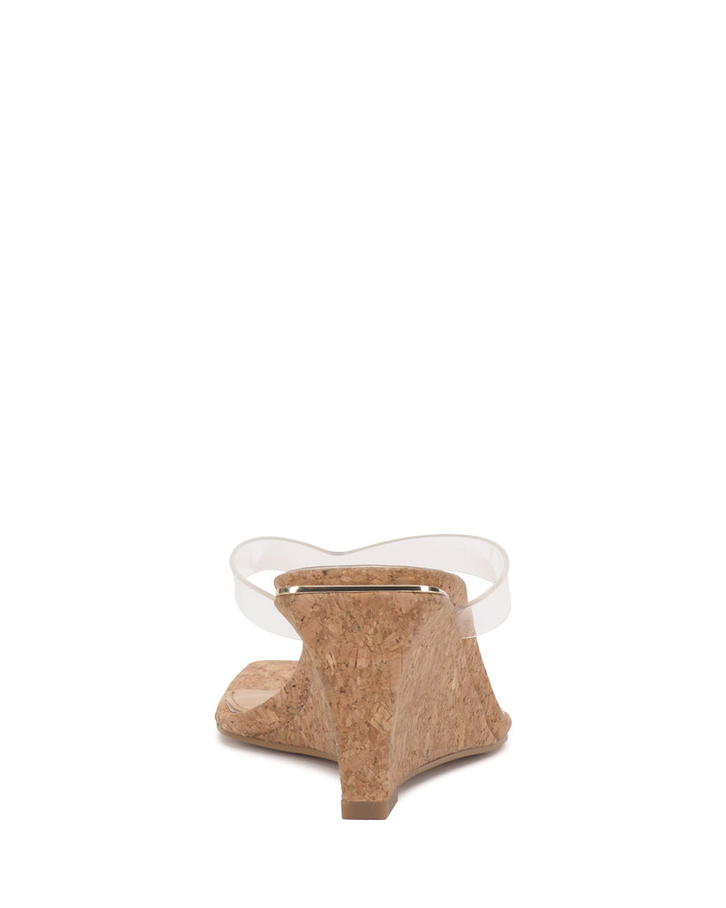 Rear view of the Vince Camuto Cianna Wedge Sandal, showcasing elegant cork detailing on the wedge heel and sleek lucite straps across the upper.