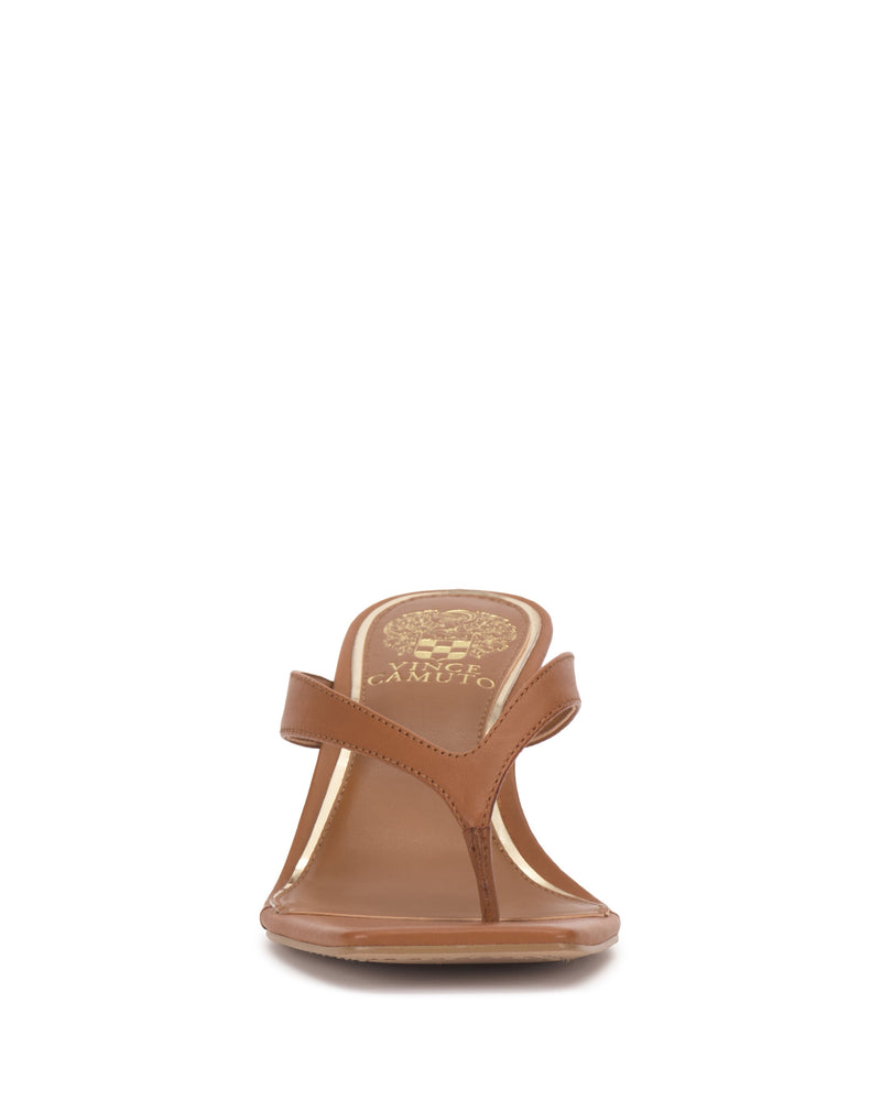 Front view of the Cianna Wedge Sandal by Vince Camuto, a brown open-toe thong sandal with a V-shaped strap and gold brand logo on the insole, shown against a plain white background.