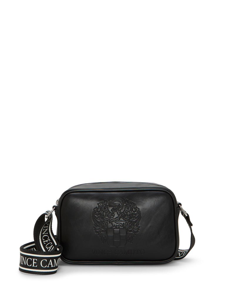 A black Vince Camuto Dalle Crossbody Bag with an embossed logo on the front and a wide black-and-white logo webbing strap, displayed against a white background.