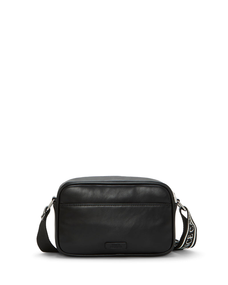 Introducing the Vince Camuto Dalle Crossbody Bag—a black rectangular camera bag featuring a convenient front pocket, an adjustable black logo webbing strap with striking white text detail, and a discreet Vince Camuto logo on the front. The Dalle Crossbody Bag is shown against a plain white background.
