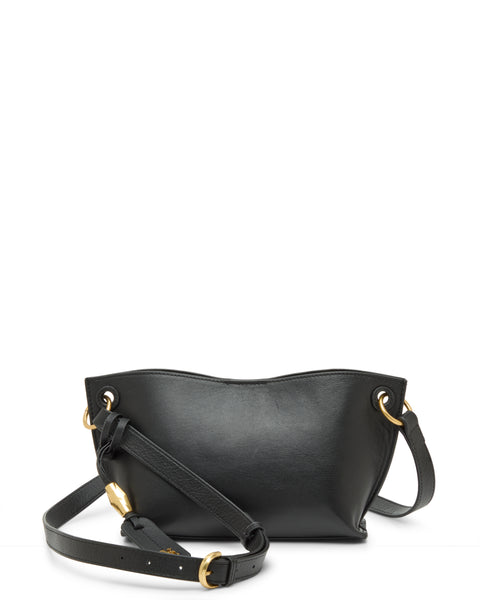 The Vince Camuto Ellah Crossbody Bag, featuring black leather, gold hardware, a curved top edge, and an adjustable strap, is displayed against a white background.
