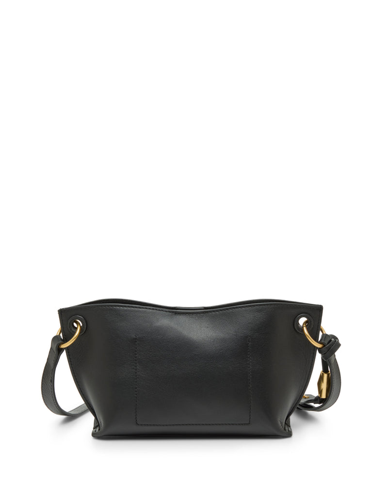 The Ellah Crossbody Bag by Vince Camuto is a black leather bag with gold hardware, featuring a minimalist design, curved top, external front pocket, and an adjustable strap attached to gold rings.