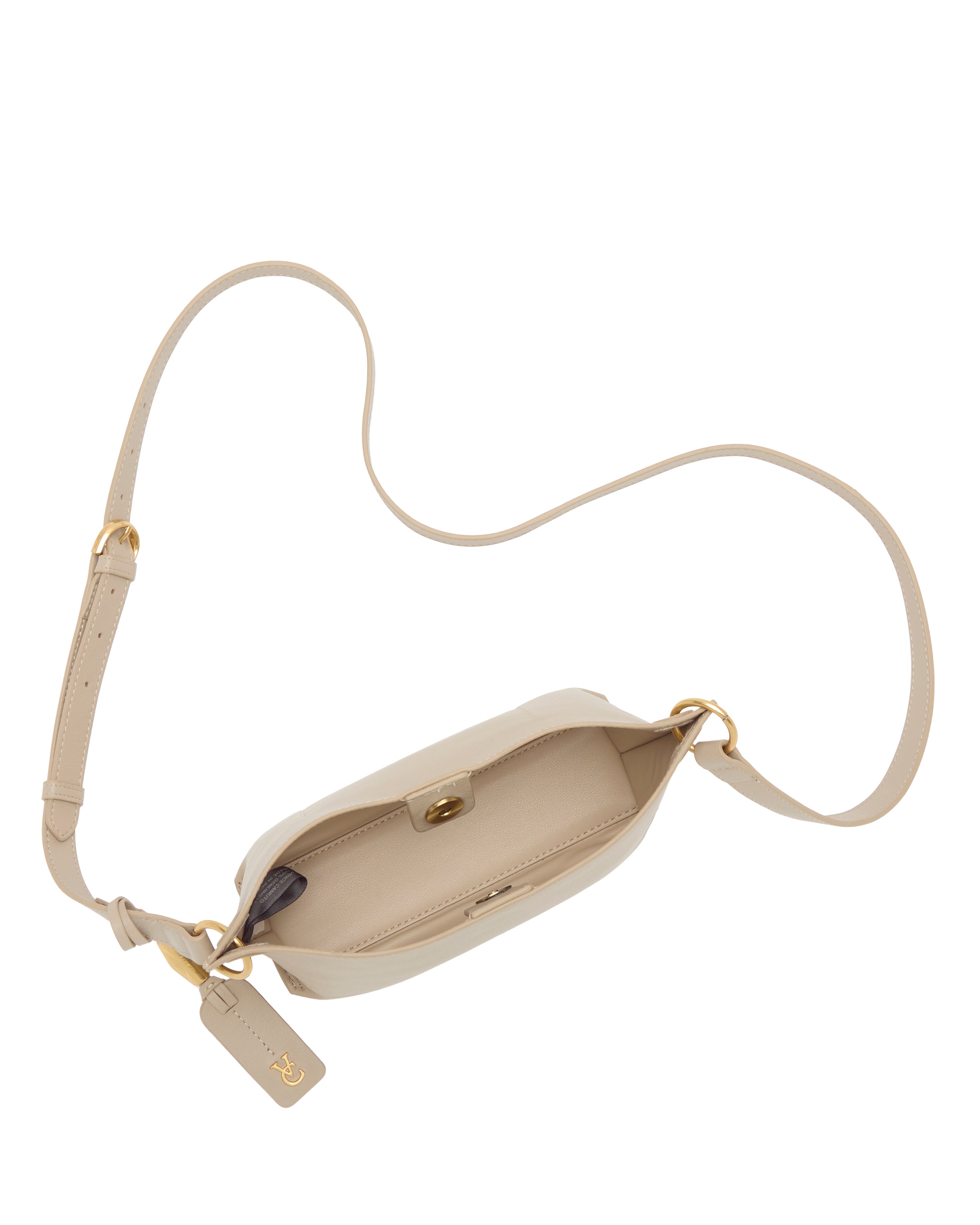 The Vince Camuto Ellah Crossbody Bag is a beige bag featuring a long adjustable strap, gold hardware, an open top with a roomy interior and inner pocket, plus a gold keychain tag on the side.