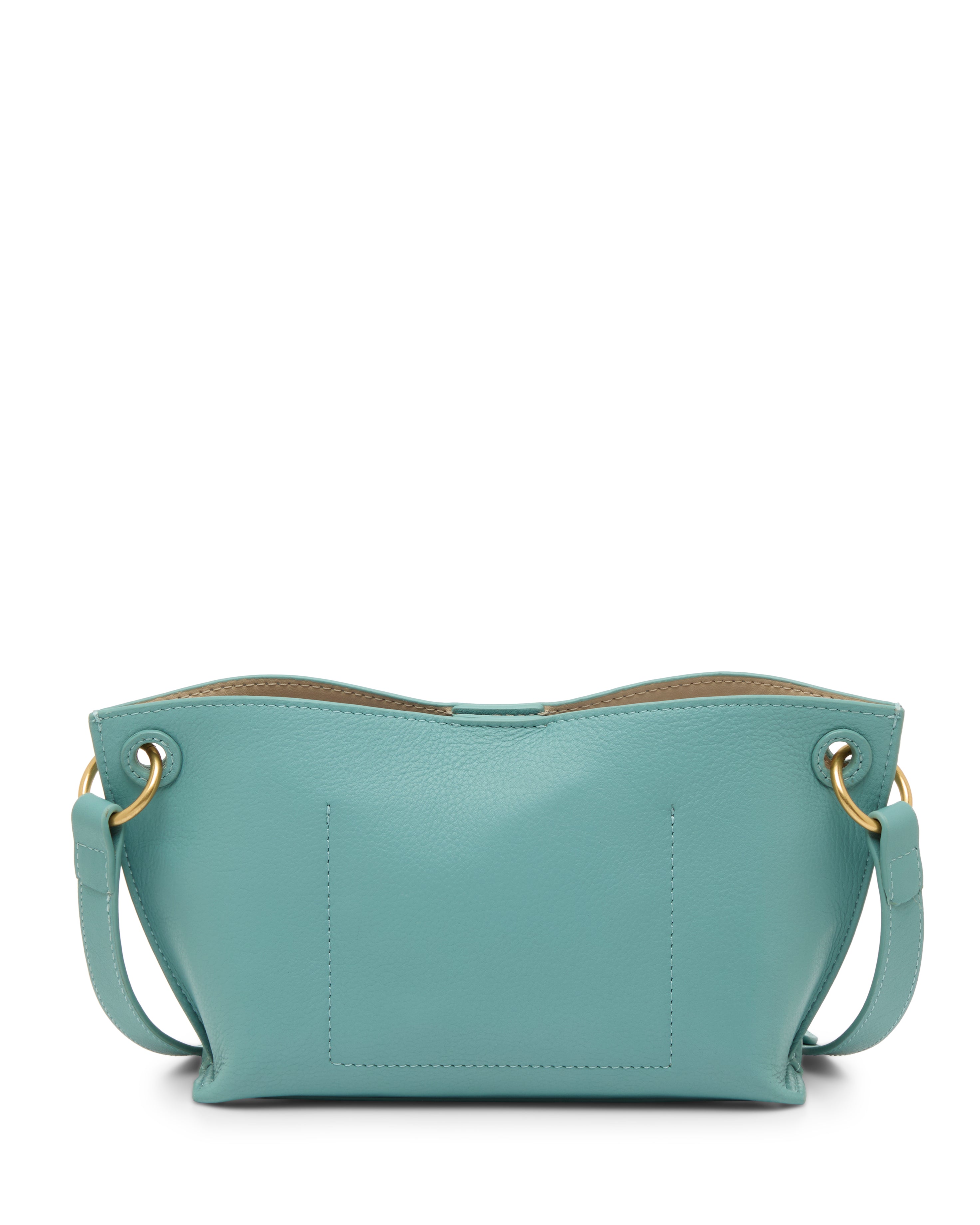The Ellah Crossbody Bag by Vince Camuto is a small, light blue leather bag with gold hardware, a short strap, curved top edge, minimal stitching, and a simple, elegant design.