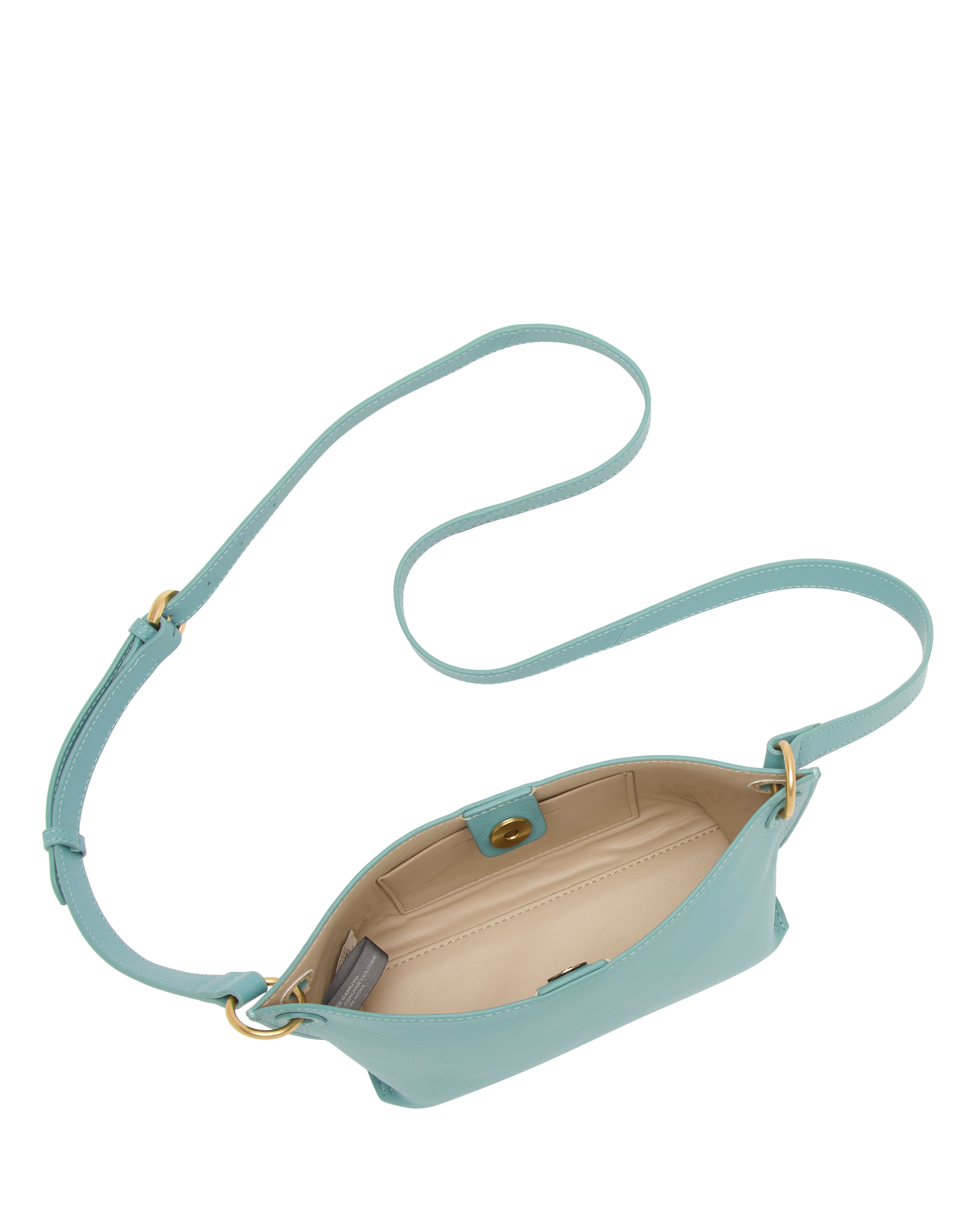 The Ellah Crossbody Bag by Vince Camuto is a small, light blue bag with a long adjustable strap, gold-tone hardware, beige interior, and magnetic snap closure.