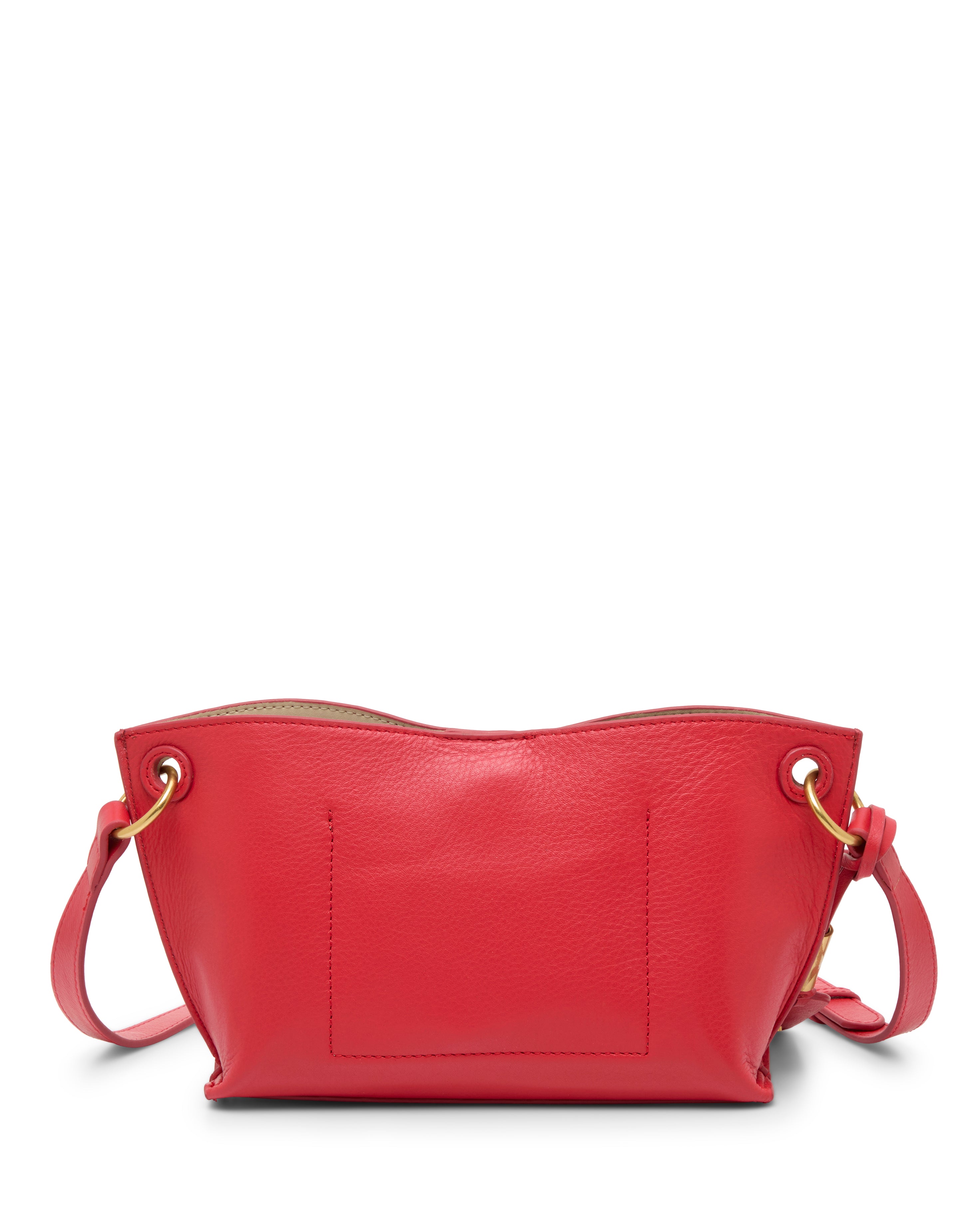The Ellah Crossbody Bag by Vince Camuto is a bright red leather handbag with gold ring hardware and an adjustable shoulder strap. Shown from the back on a white background, it features a smooth texture and a simple, structured design.