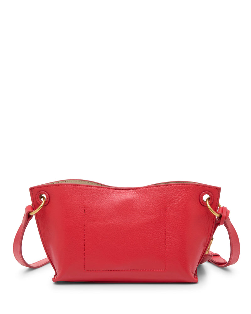 The Ellah Crossbody Bag by Vince Camuto is a red leather bag with gold hardware, an adjustable strap, visible stitching, and a simple design without logos, shown on a white background.