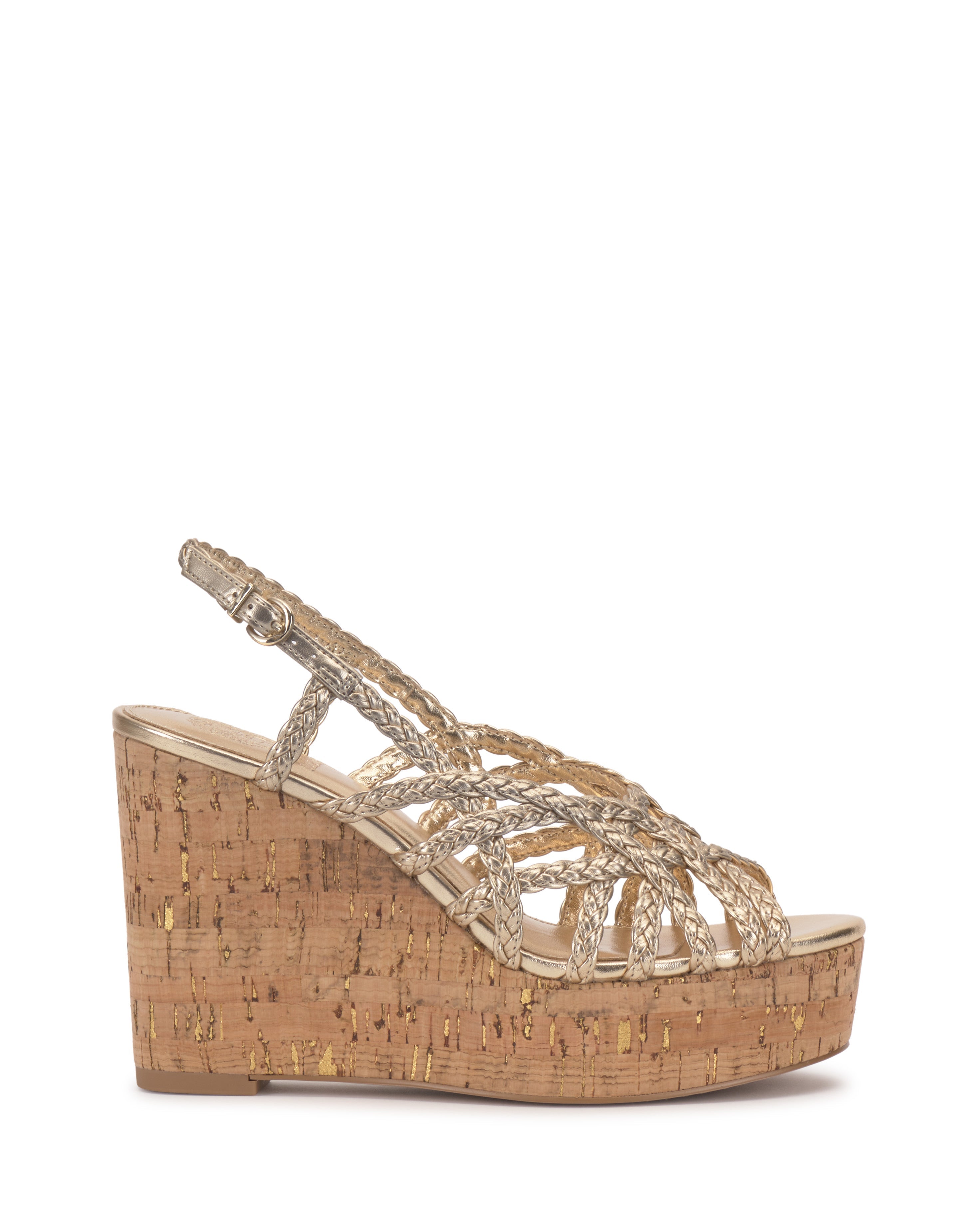 The Vince Camuto Elody Wedge Sandal showcases a gold woven strappy design, an adjustable ankle strap, and a high cork heel for an elegant wedge silhouette.