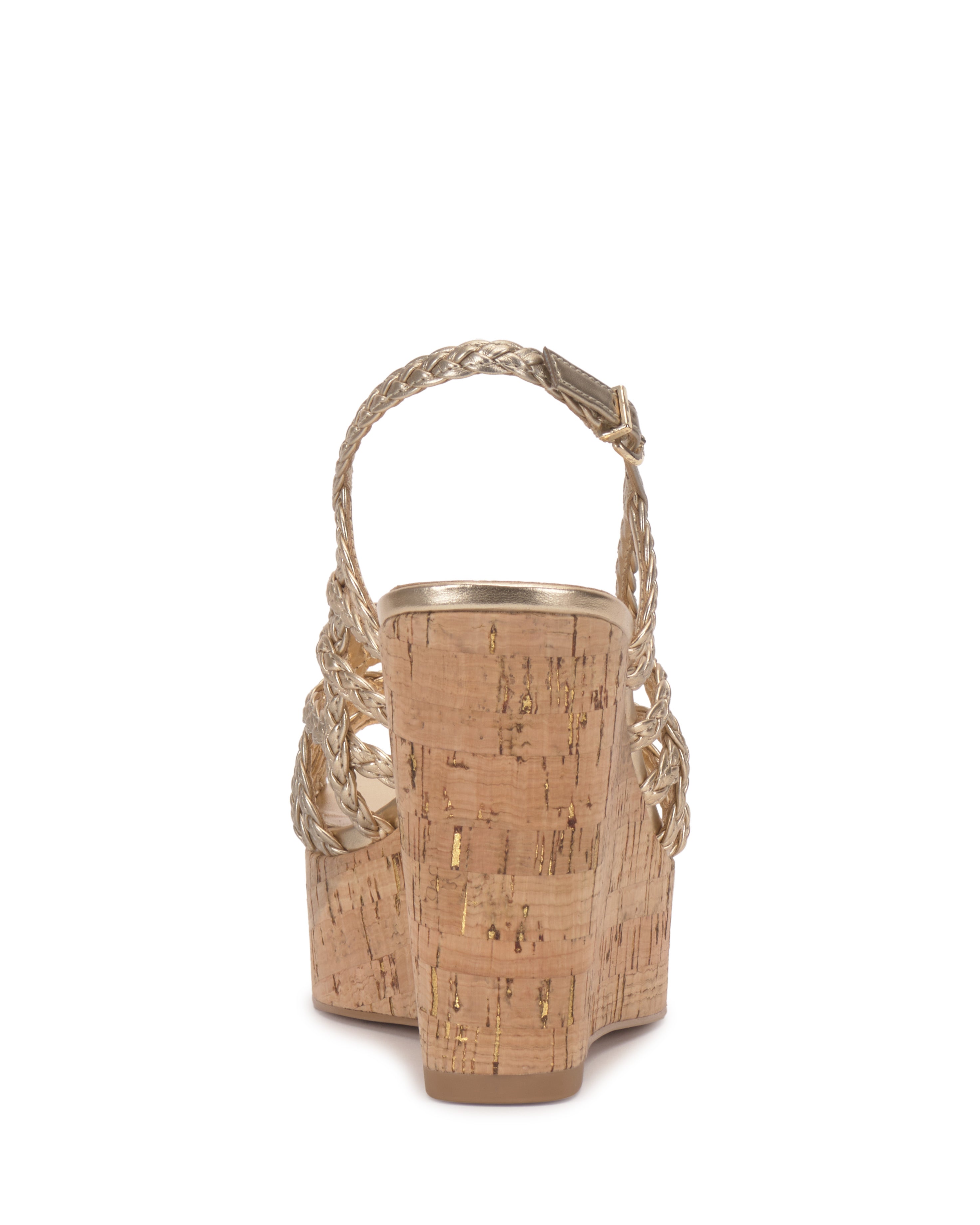 The Vince Camuto Elody Wedge Sandal features gold braided straps, an ankle buckle, and a cork heel in a chic wedge silhouette.