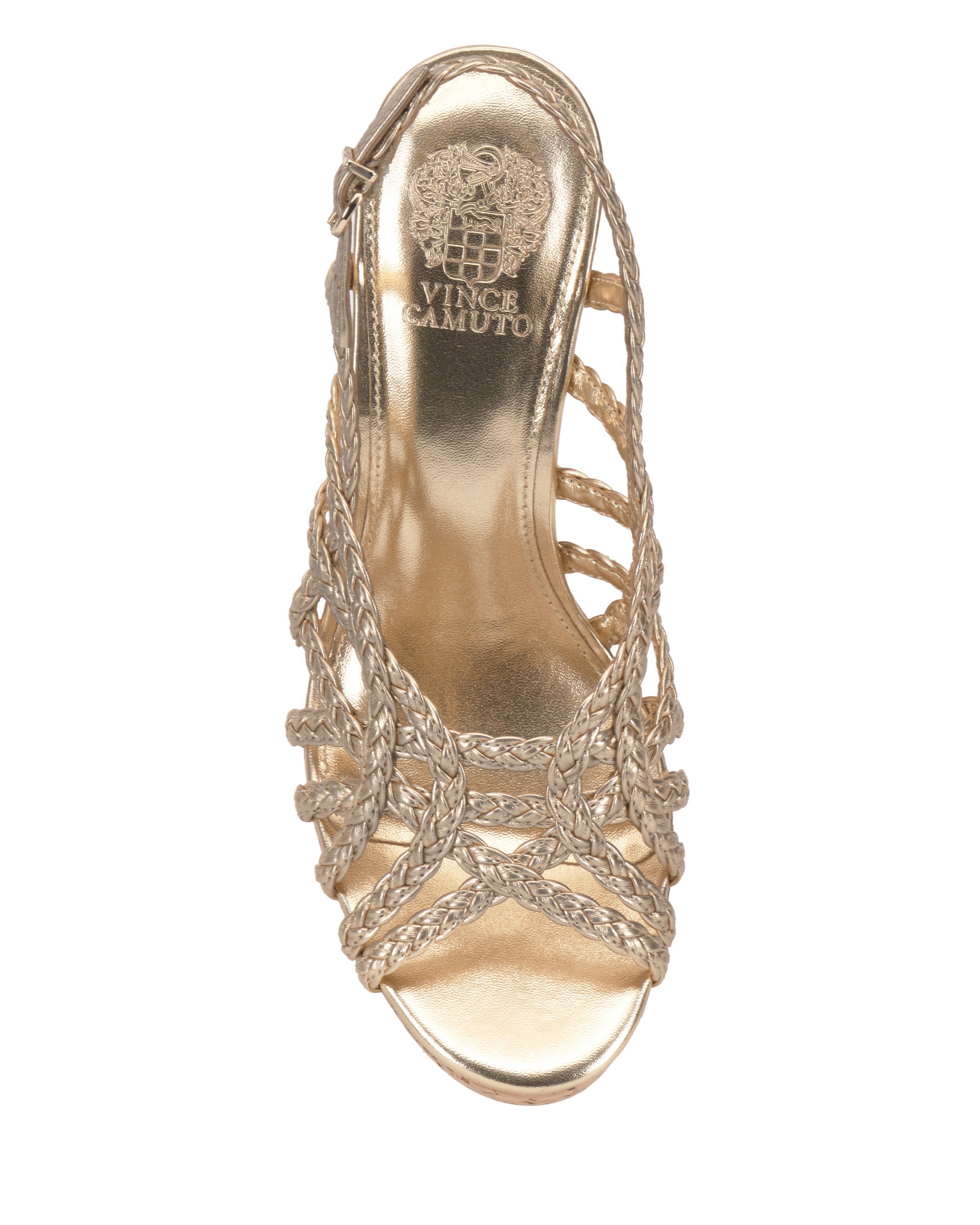 The Elody Wedge Sandal by Vince Camuto features gold braided straps, an open toe, and a slingback style. A gold Vince Camuto logo accents the insole, while the wedge heel adds height and comfort. Seen from above.