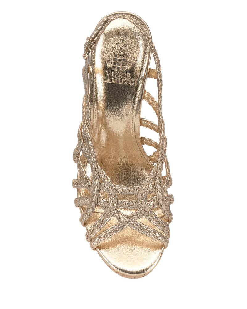 The Elody Wedge Sandal by Vince Camuto features gold braided straps, an open toe, and a slingback style. A gold Vince Camuto logo accents the insole, while the wedge heel adds height and comfort. Seen from above.
