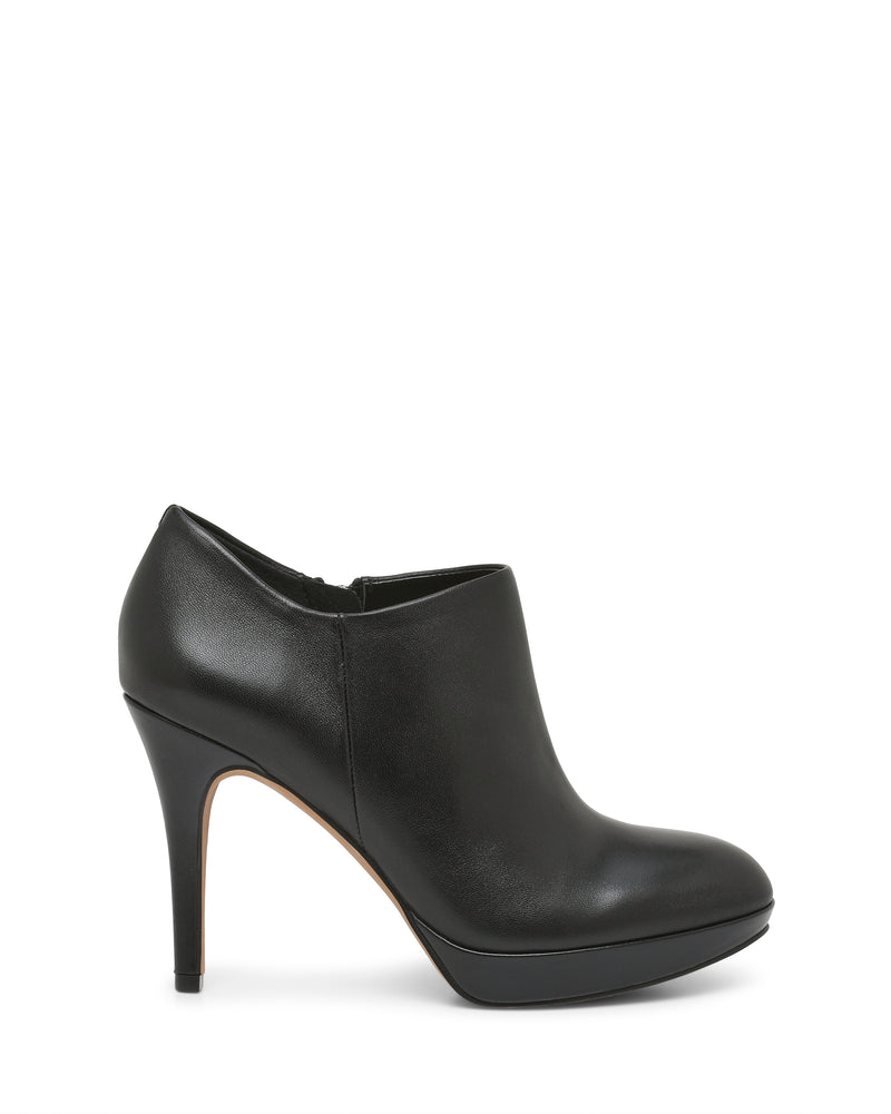 The Elvin Bootie by Vince Camuto features black leather, a rounded toe, side zipper, and a slim stiletto heel atop a subtle platform sole, displayed against a plain white background.