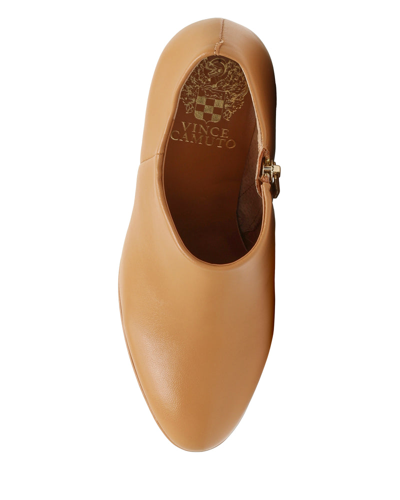 Top view of the Vince Camuto Elvin Bootie in tan leather, showcasing a rounded toe, subtle side zipper, and the branded insole design.