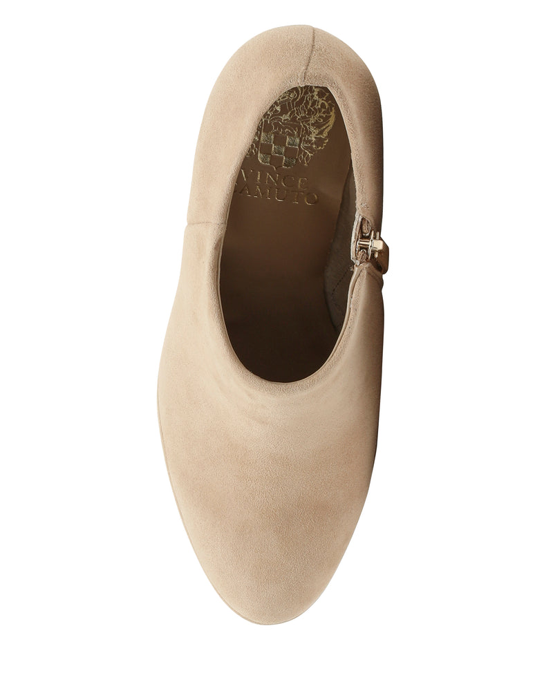 Top view of the Vince Camuto Elvin Bootie in beige suede, featuring a side zipper, rounded toe, and sleek platform sole, displayed against a white background.