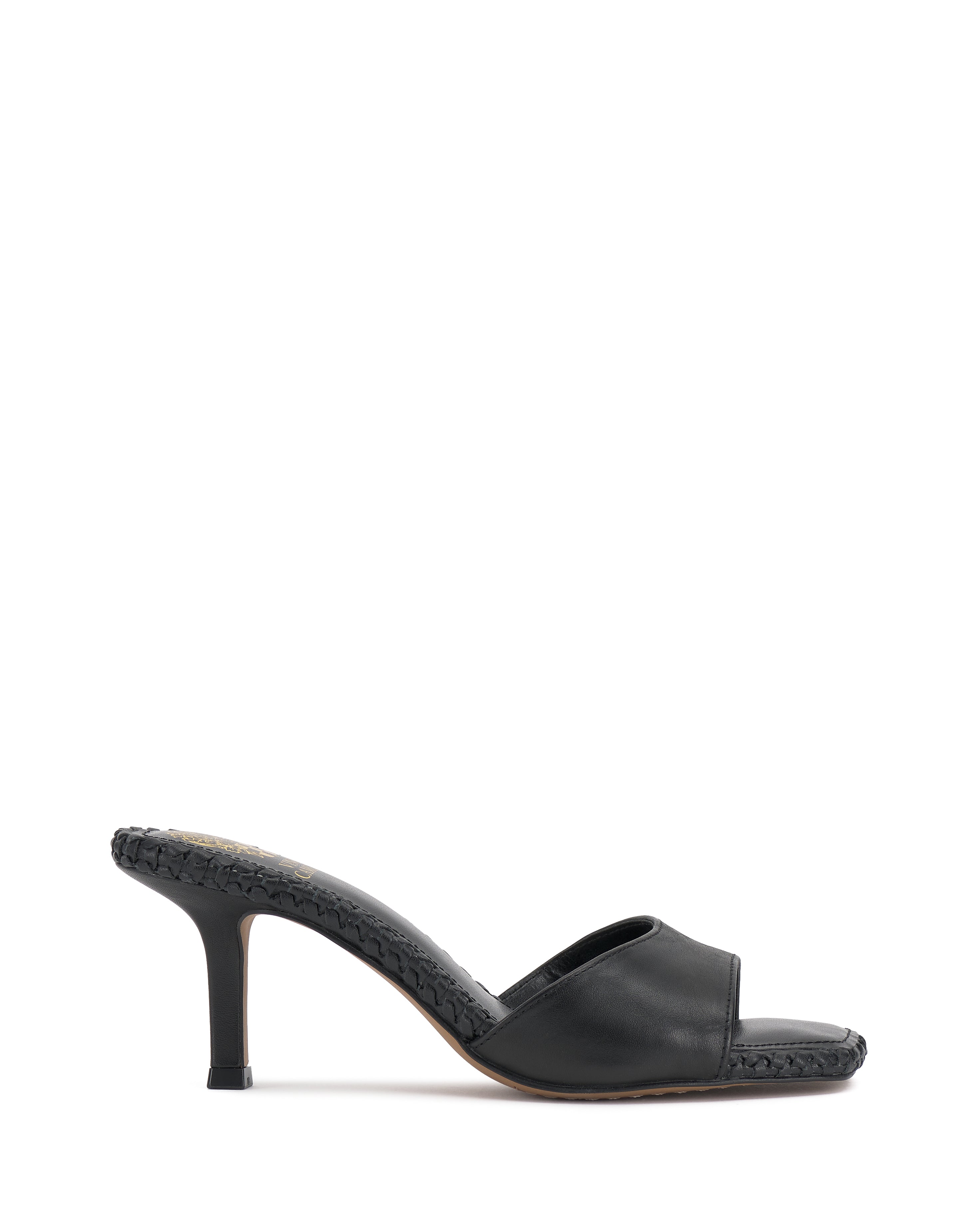 The Vince Camuto Emmla Mule blends modern elegance with its black leather upper, braided midsole, open toe, mid-height stiletto heel, and easy slip-on design.