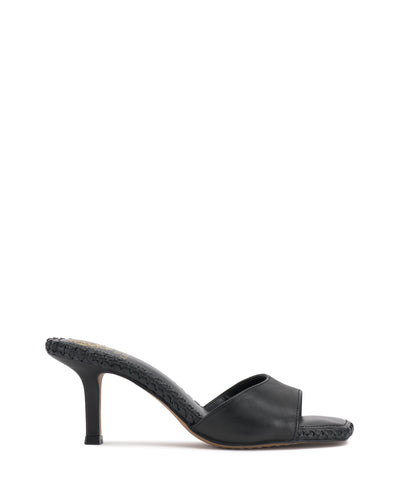 The Vince Camuto Emmla Mule blends modern elegance with its black leather upper, braided midsole, open toe, mid-height stiletto heel, and easy slip-on design.