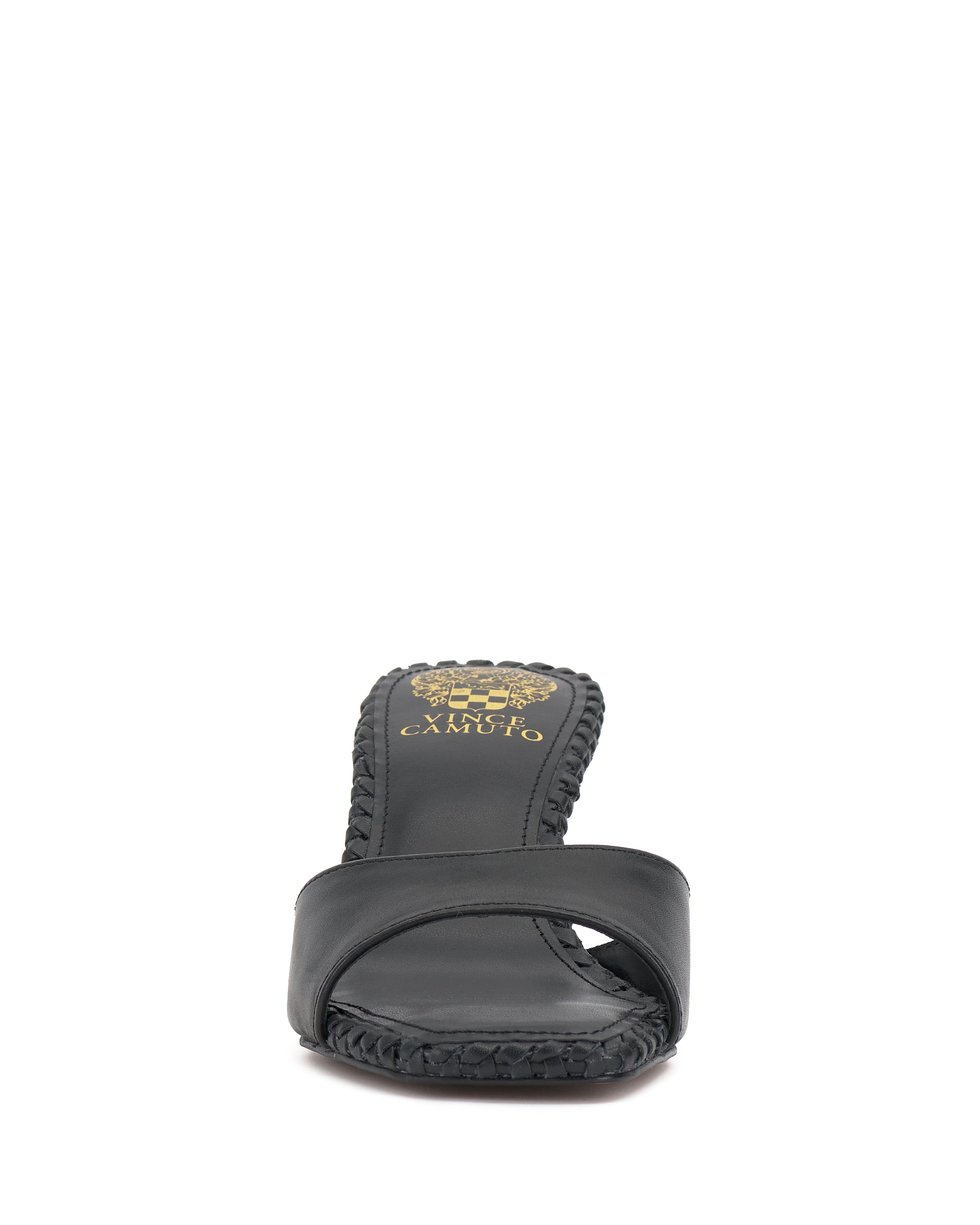 Front view of the Vince Camuto Emmla Mule, a black open-toe slide with a wide strap, textured sole, gold branding on the insole, and braided midsole details for a touch of modern elegance.