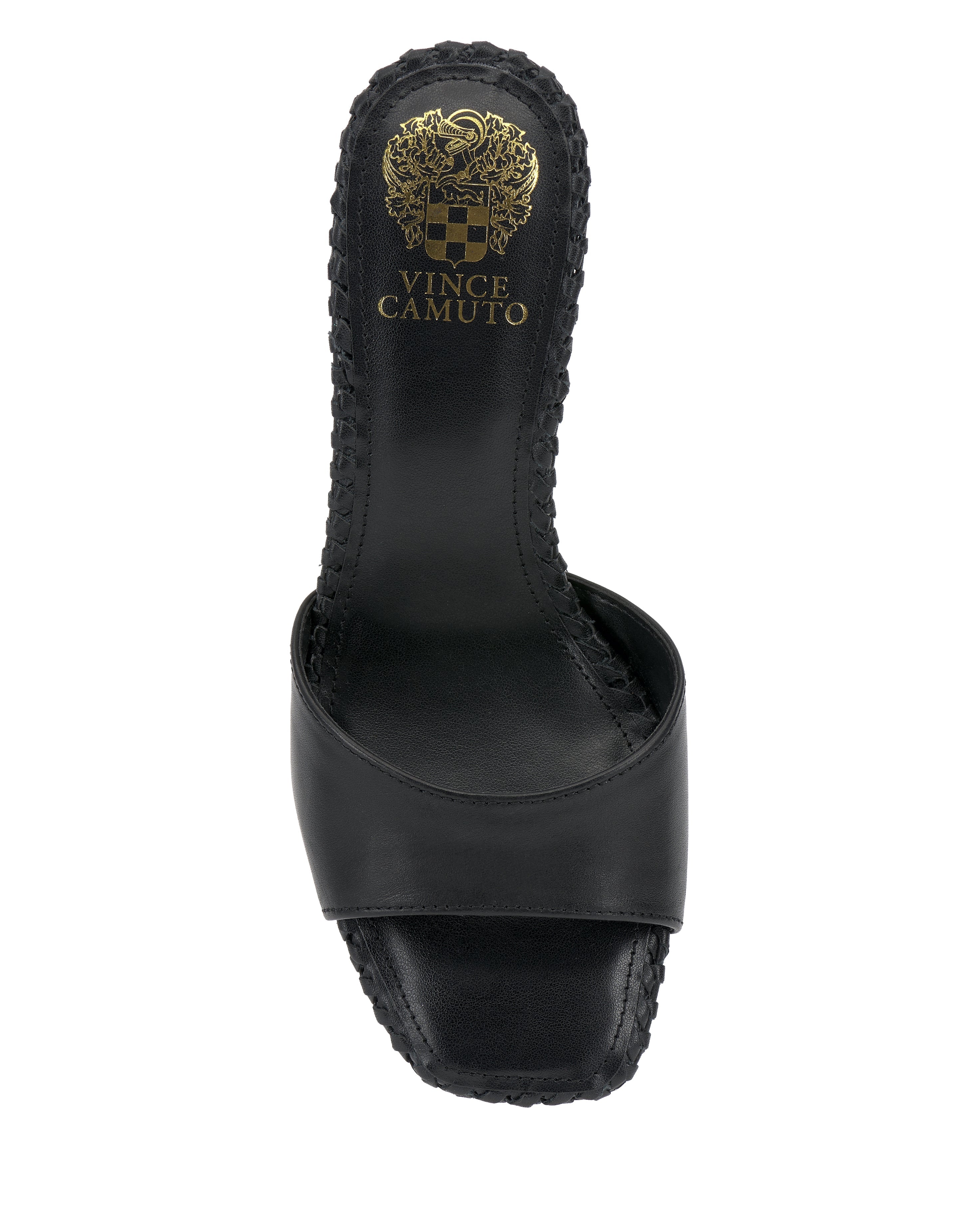 Top view of the Emmla Mule by Vince Camuto—a modern sandal with a wide strap, square toe, and signature gold logo on the insole—brings contemporary elegance to any outfit.