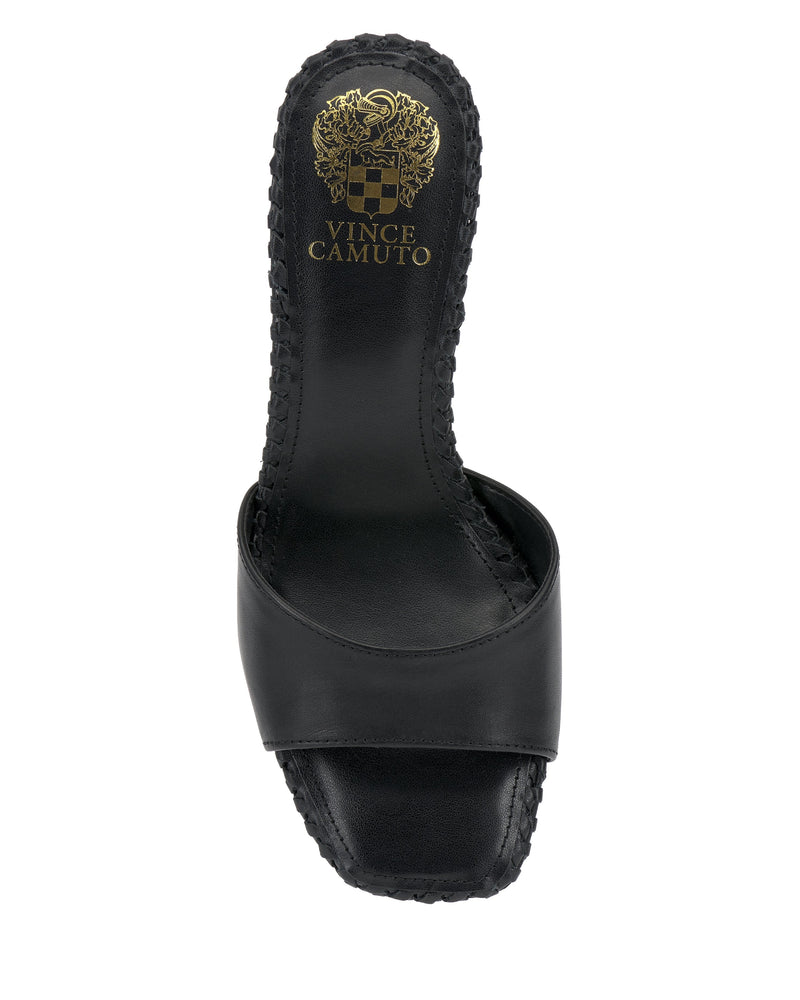 Top view of the Emmla Mule by Vince Camuto—a modern sandal with a wide strap, square toe, and signature gold logo on the insole—brings contemporary elegance to any outfit.