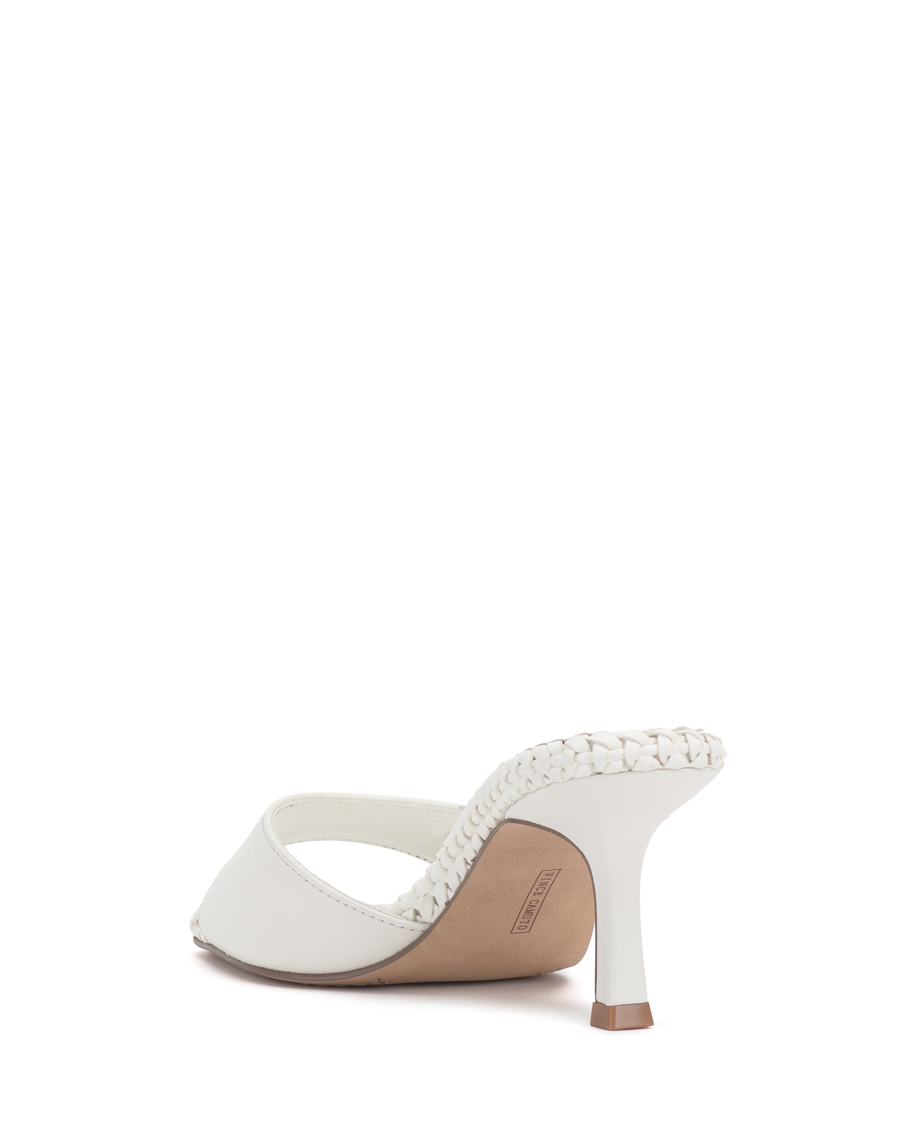 The Emmla Mule by Vince Camuto is a stylish women's white high-heeled sandal with an open back and braided trim at the heel, displayed from the rear on a white background.