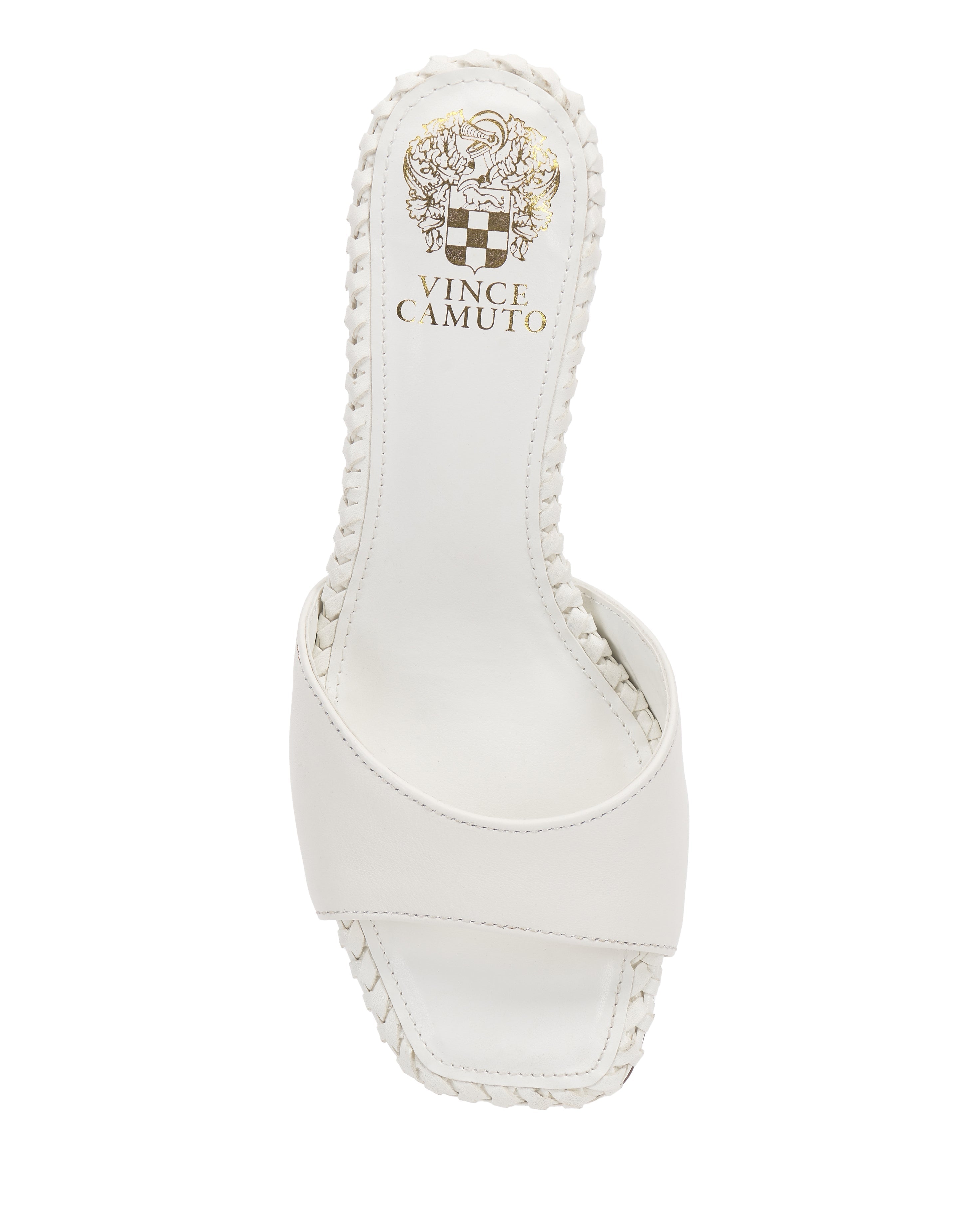 The Emmla Mule by Vince Camuto is a modern white sandal with a square open toe, braided sole trim, and single wide front strap. Gold brand logo accents the insole—making it a chic choice for trendy women’s footwear.