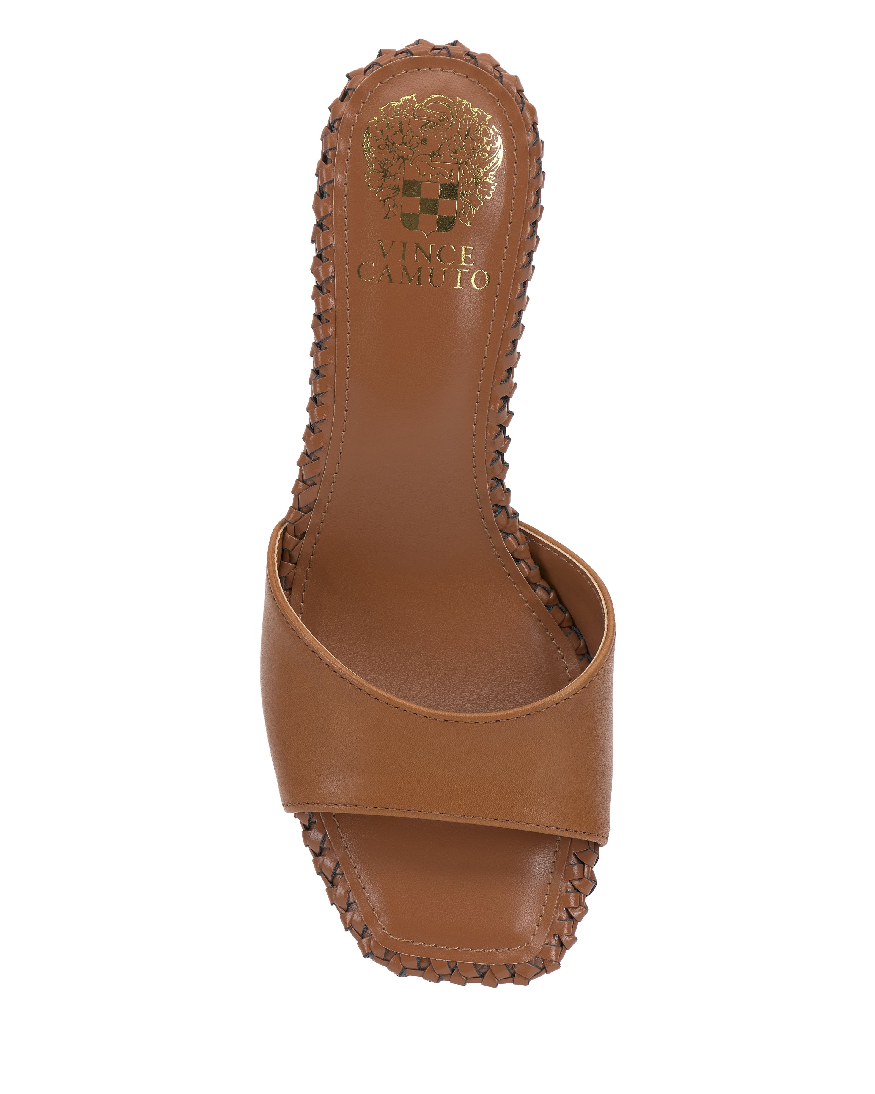 Top view of the Emmla Mule by Vince Camuto, featuring a wide leather strap, square toe, stitched edging, and a gold embossed logo on the insole for modern elegance.