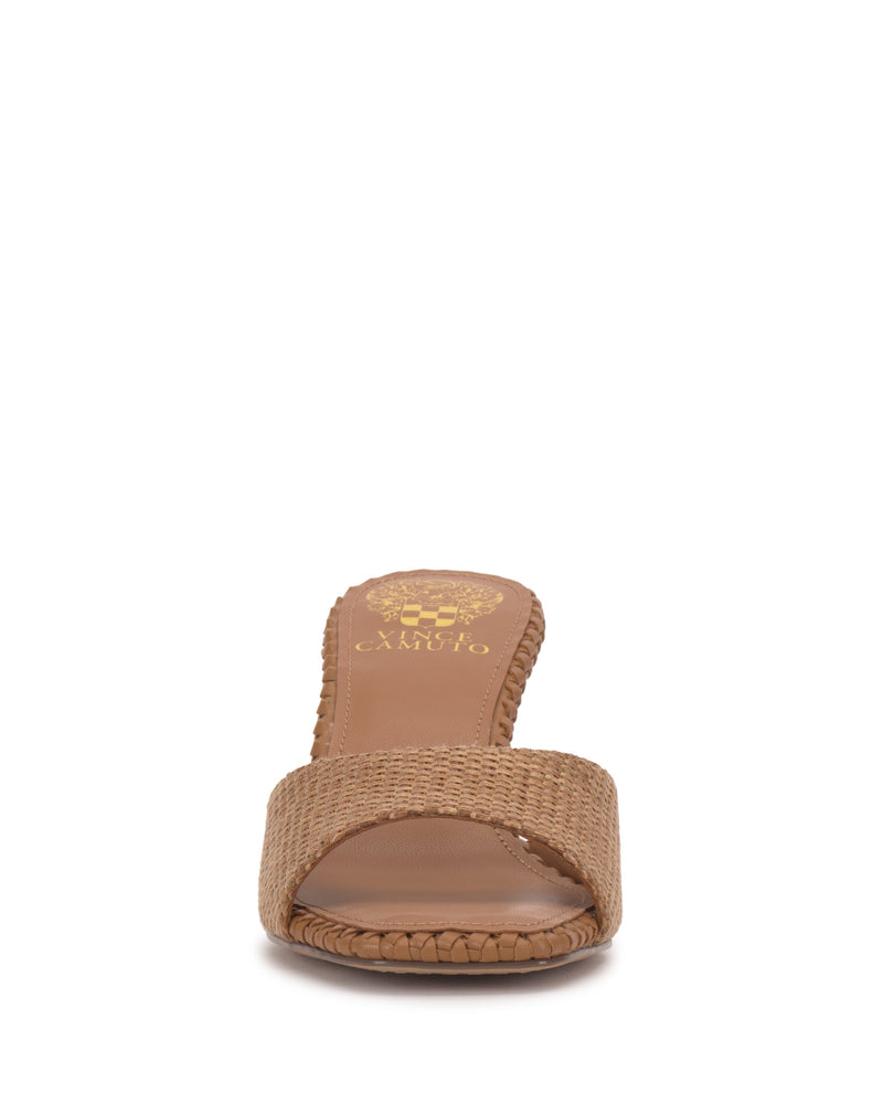 Front view of the Emmla Mule by Vince Camuto—a modern, elegant mule featuring a brown woven upper with open toe, single wide strap, braided midsole, and tan cushioned insole with gold logo near the heel.