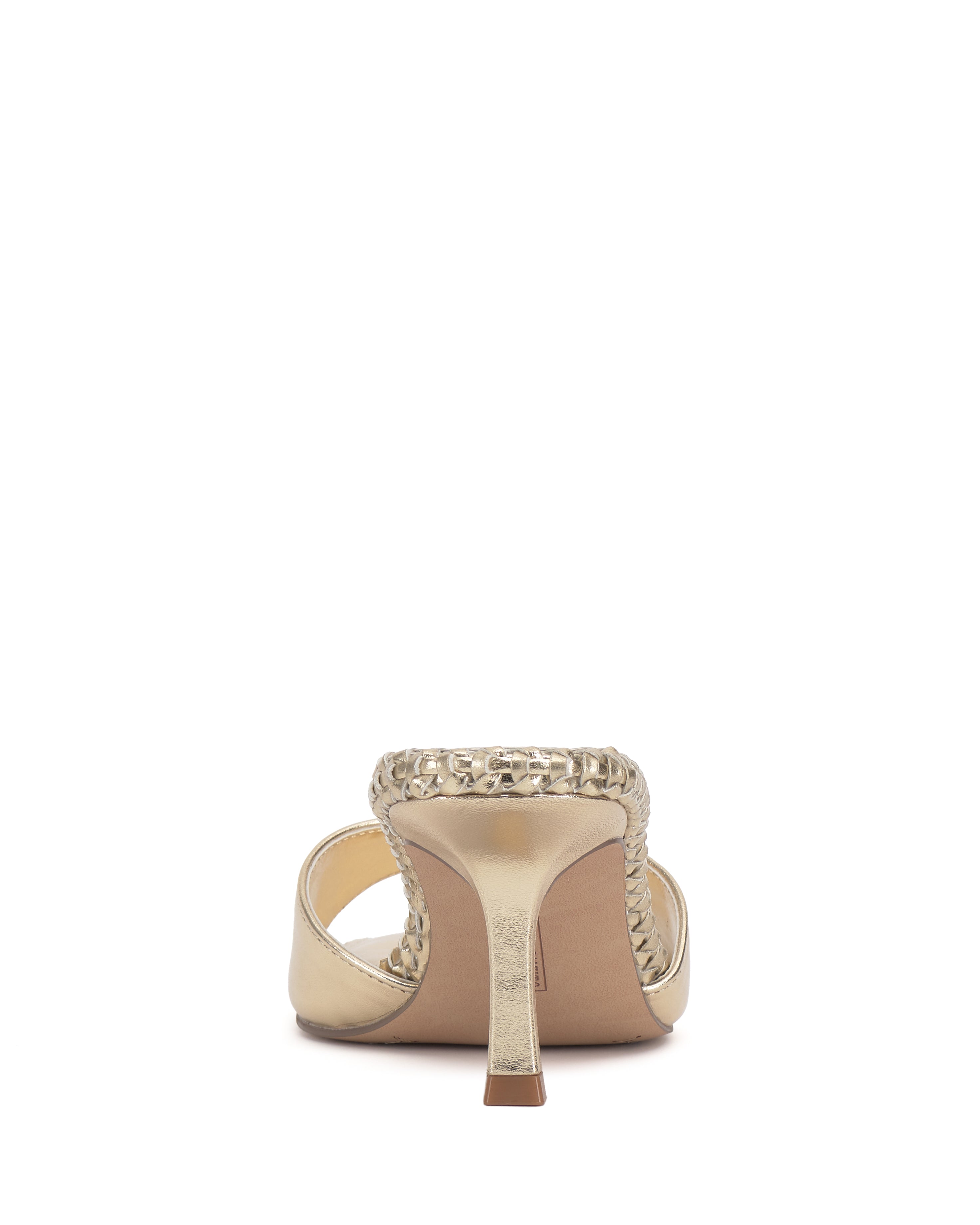 A gold Vince Camuto Emmla Mule, shown from the back with a braided strap and open heel, displayed on a plain white background.