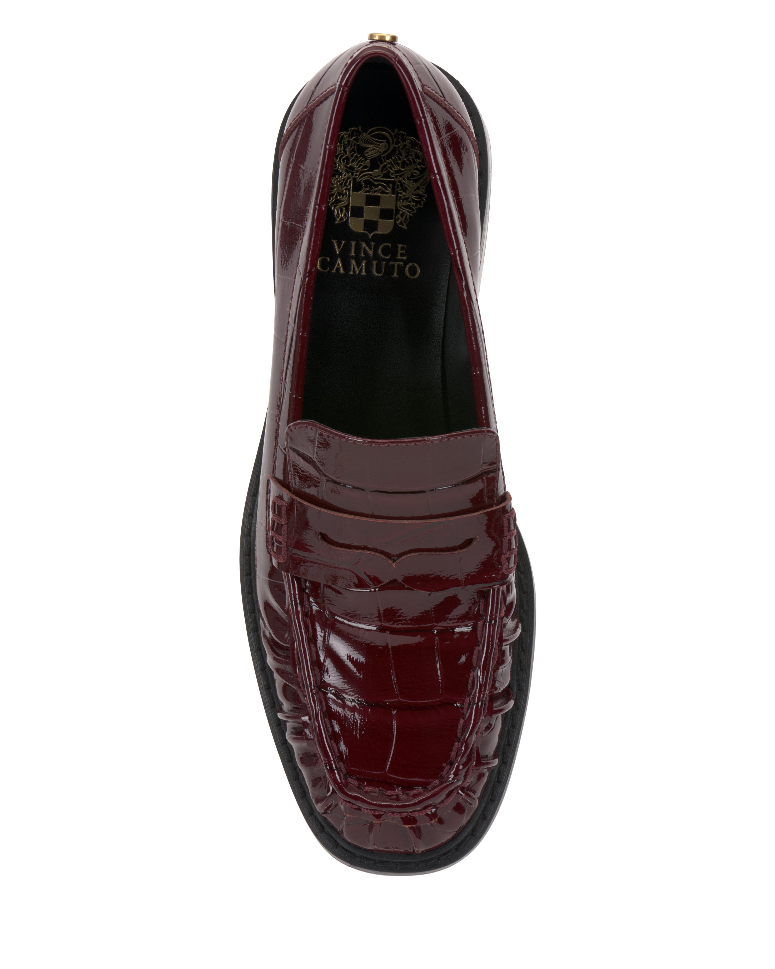 Top view of the Vince Camuto Eshnie Block Heel Loafer in dark red with crocodile-embossed texture, black sole, and a gold Vince Camuto logo on the insole.